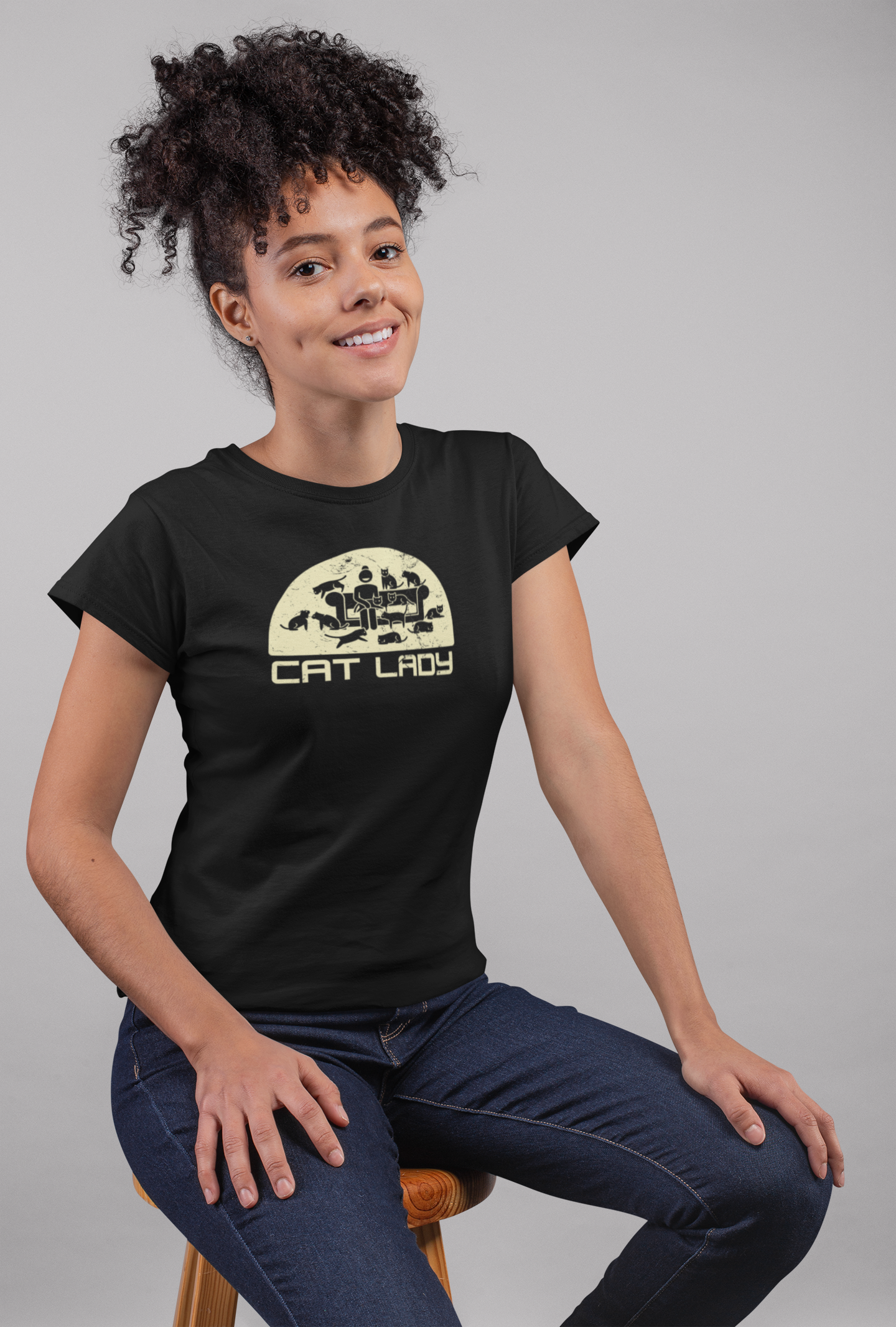 Cute Cat Lady T-Shirt - (Distressed Style - Unisex Jersey Tee - Perfect Gift for Cat Moms!)
