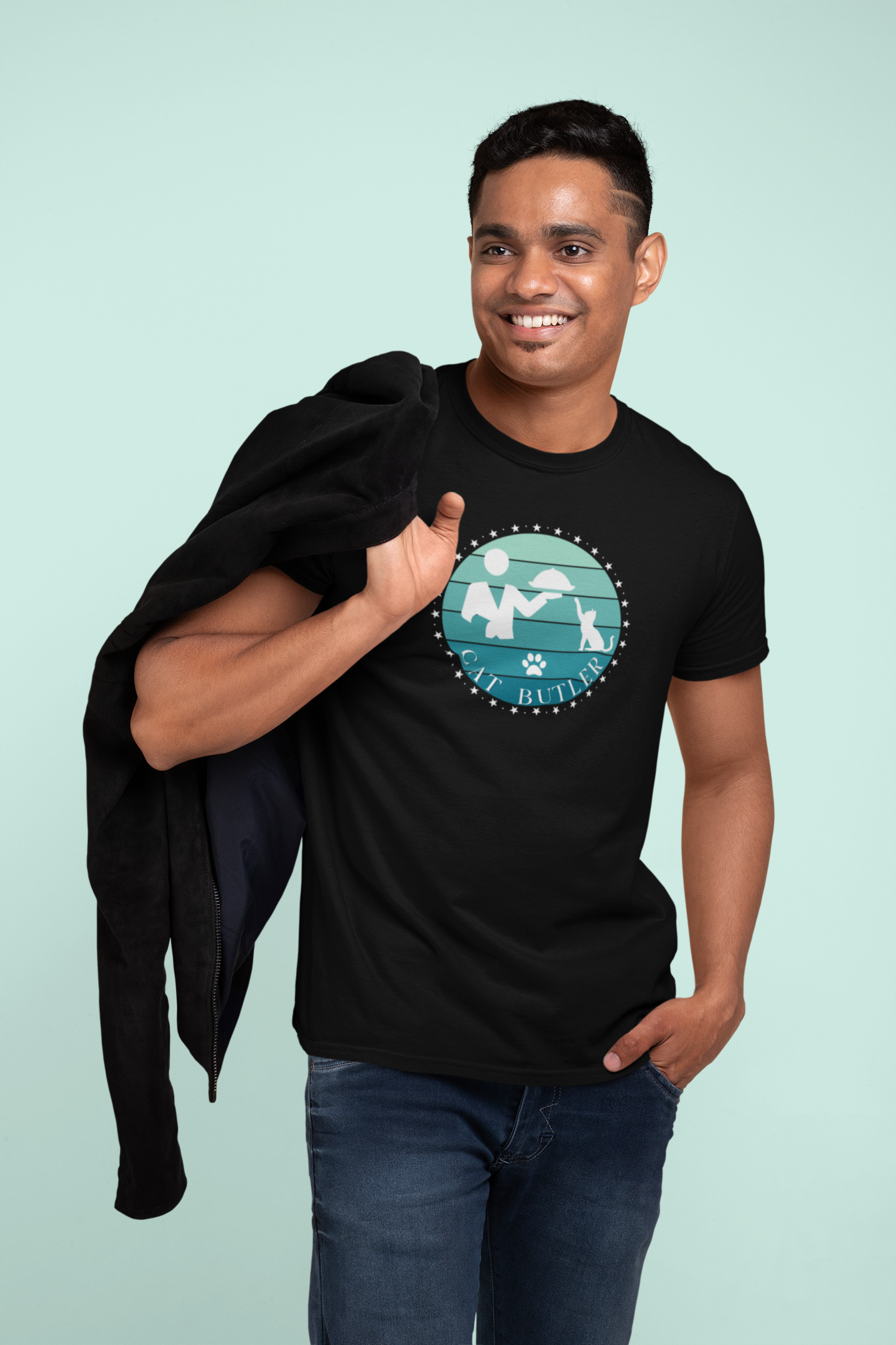 "Cat Butler" T-Shirt - Blue Vintage Sunset Style Graphic - (Unisex Jersey Short Sleeve Tee - Perfect Gift for Cat Lovers!)
