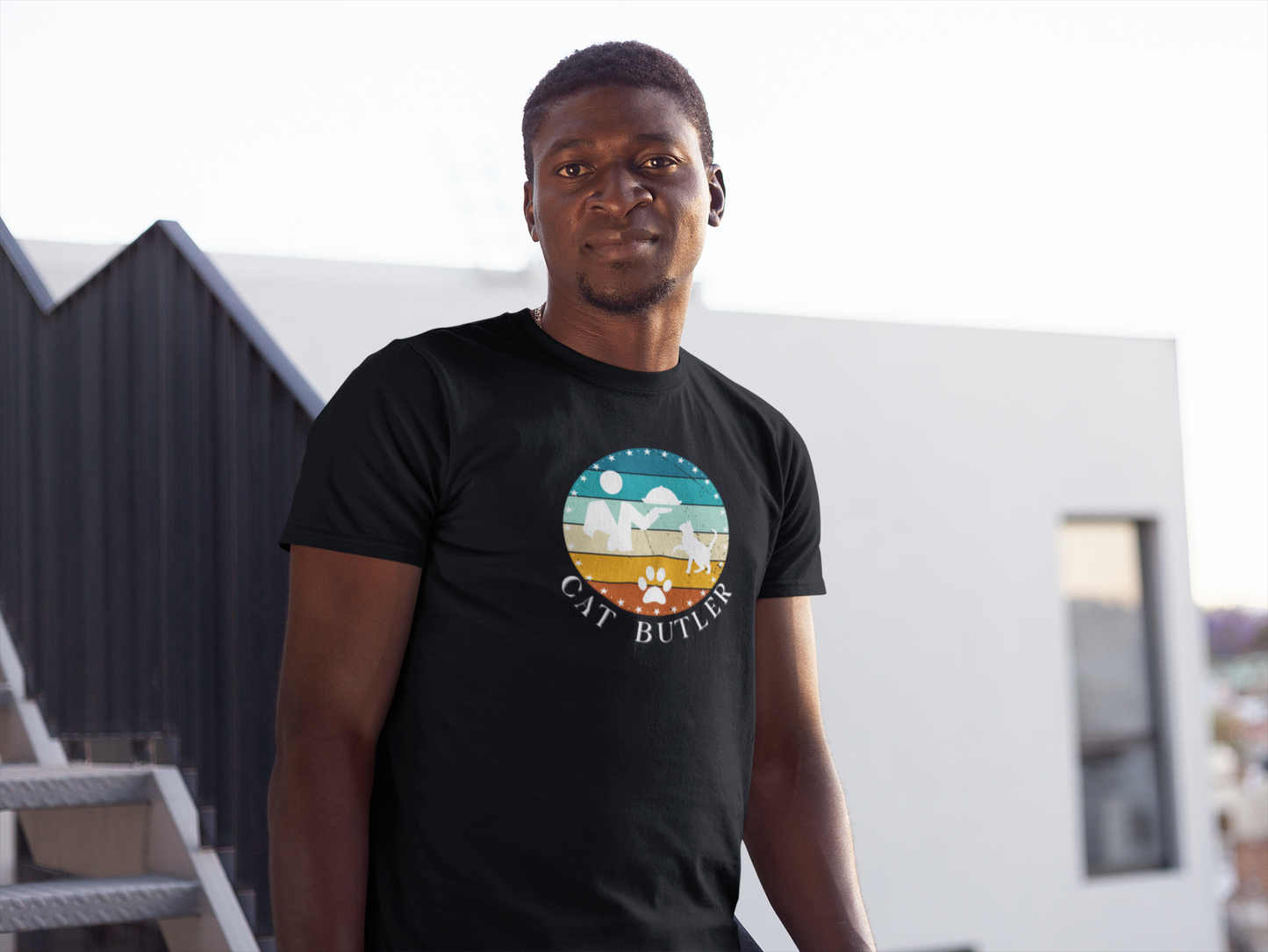 "Cat Butler" T-Shirt - Vintage Sunset Style Graphic - (Unisex Jersey Short Sleeve Tee - Perfect Gift for Cat Lovers!)