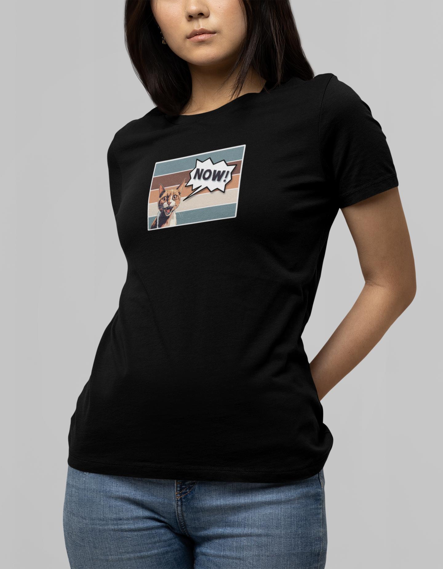 NOW CAT Graphic T-Shirt -Rectangle Design- (Funnny Cat Unisex Jersey Tee - Perfect for Cat Owners!)