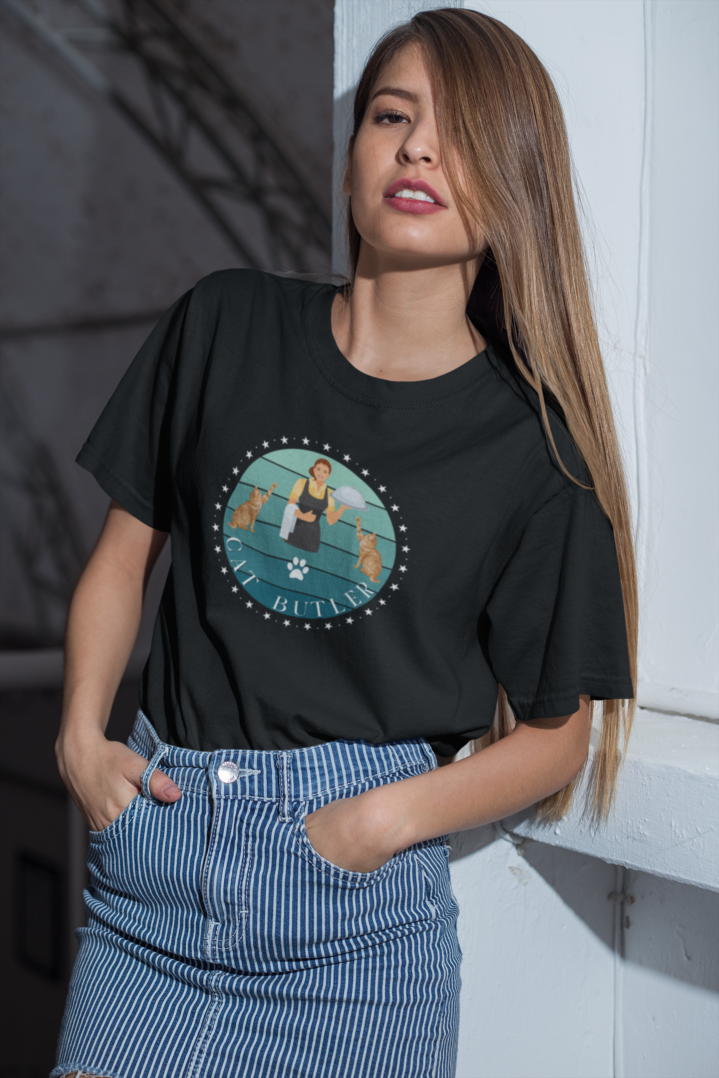 "Cat Butler" T-Shirt - With Vintage Sunset Style Graphic [Double Cats & Woman] - (Unisex Jersey Short Sleeve Tee - Perfect Gift for Cat Lovers!)