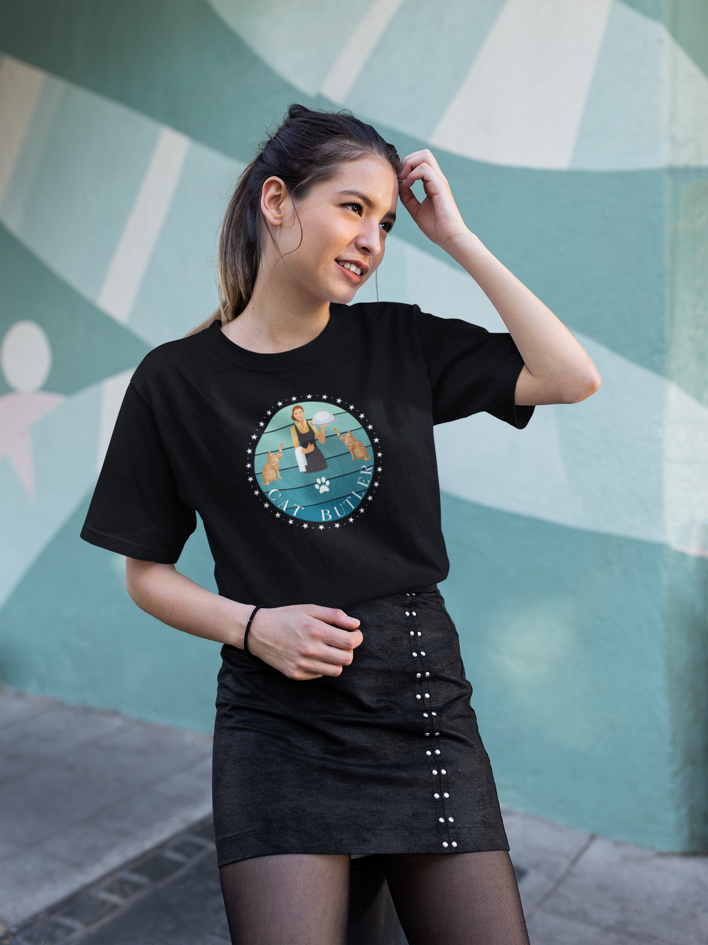 "Cat Butler" T-Shirt - With Vintage Sunset Style Graphic [Double Cats & Woman] - (Unisex Jersey Short Sleeve Tee - Perfect Gift for Cat Lovers!)