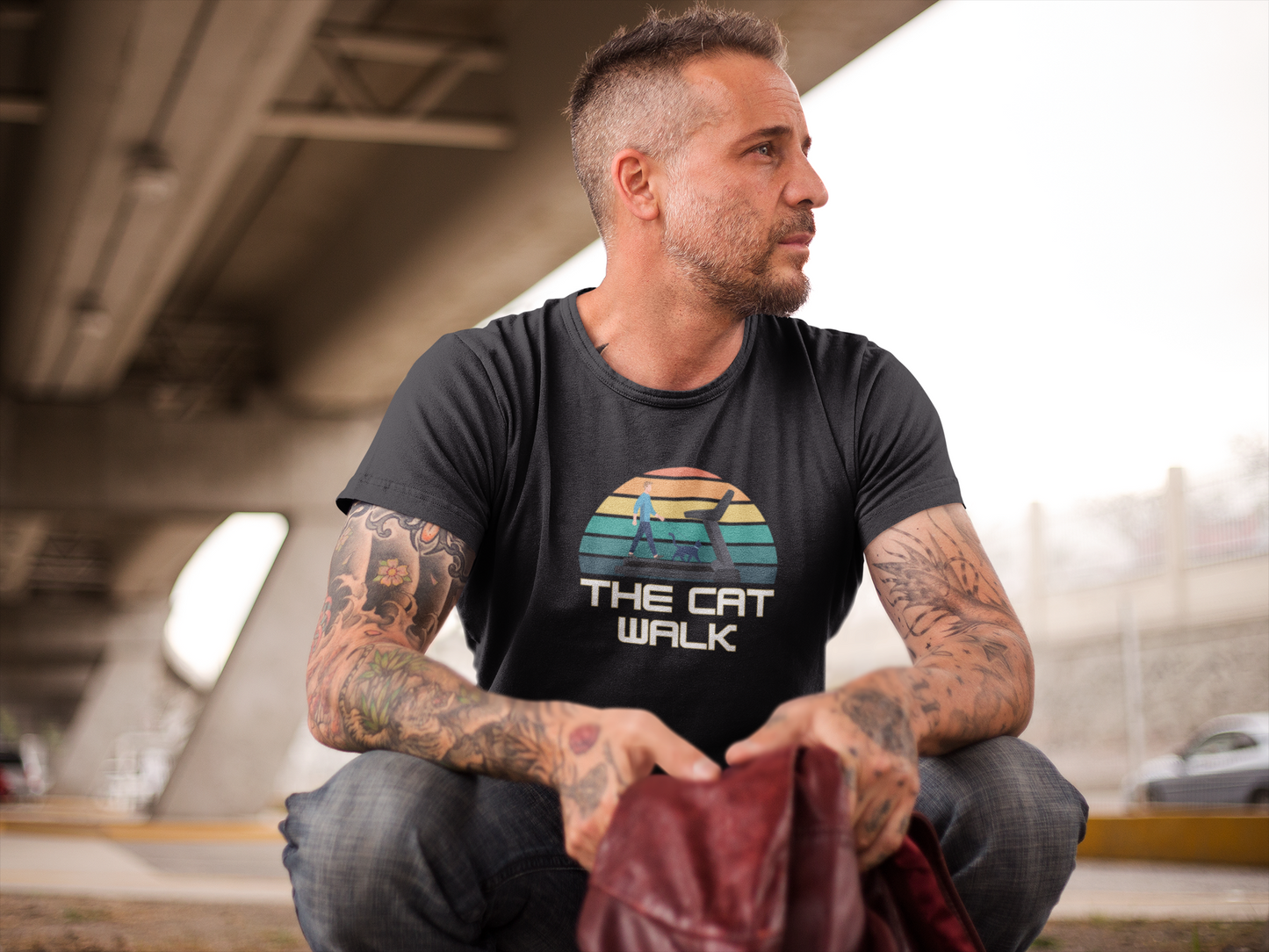 The "Cat Walk" Colorful Vintage Sunset T-Shirt [#2] - (Cat Fan Tee, Funny Cat Shirt, Retro Cat Owner Gift)
