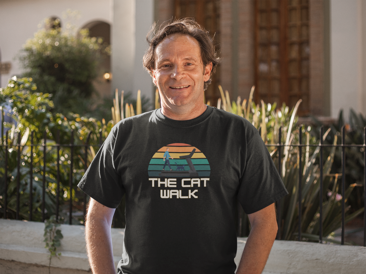 The "Cat Walk" Colorful Vintage Sunset T-Shirt [#2] - (Cat Fan Tee, Funny Cat Shirt, Retro Cat Owner Gift)