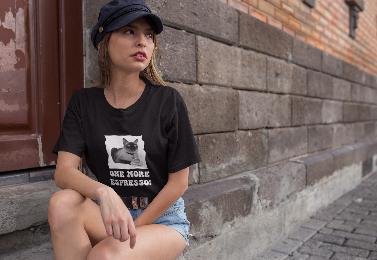One More Espresso! - (Cat & Coffee T-Shirt #3, Black & White)