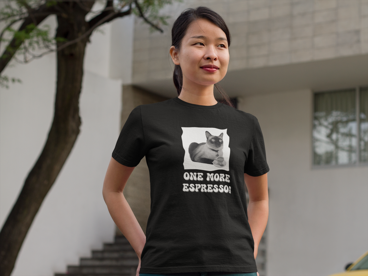 One More Espresso! - (Cat & Coffee T-Shirt #3, Black & White)