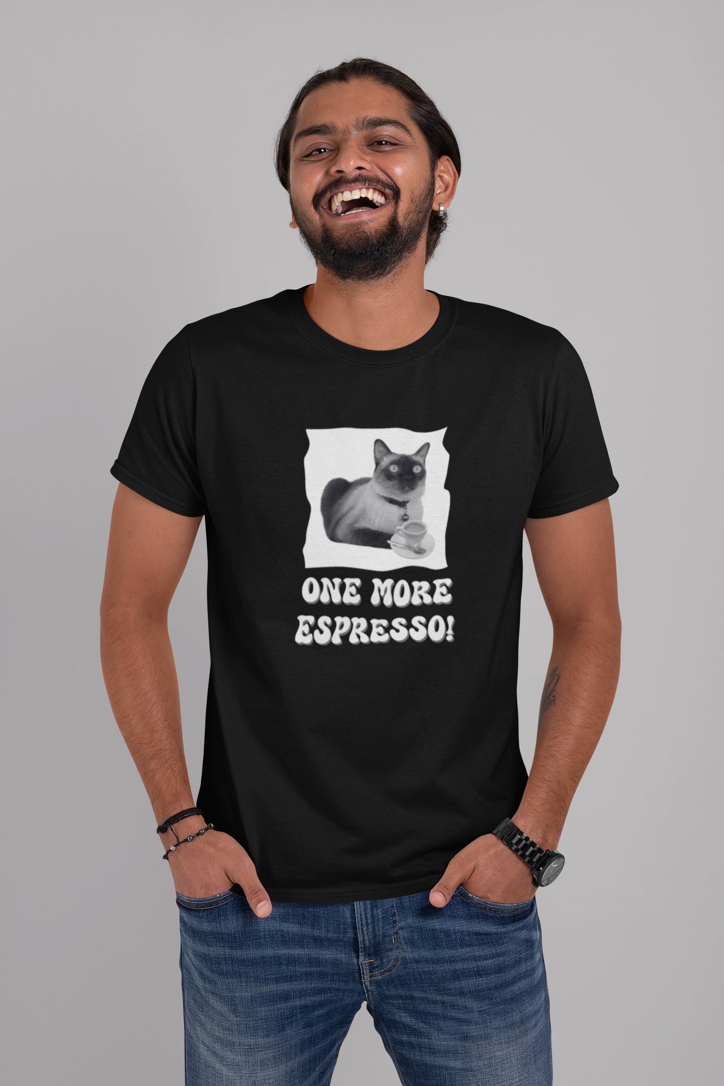 One More Espresso! - (Cat & Coffee T-Shirt #3, Black & White)