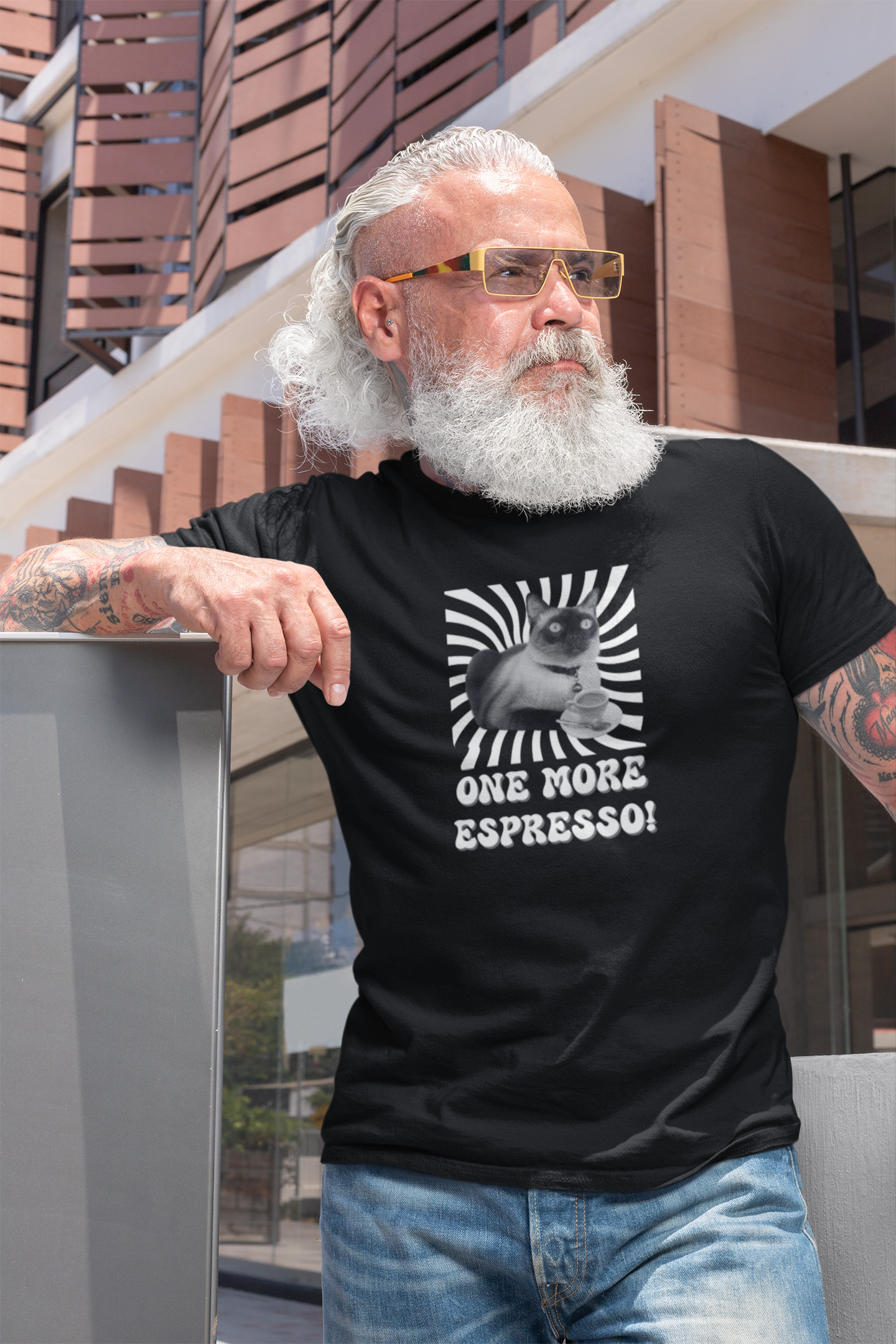One More Espresso! - (Cat & Coffee T-Shirt #1, Black & White)