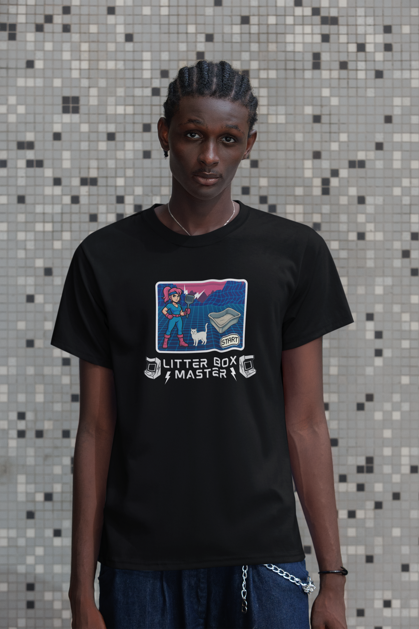 Litter Box Master T-Shirt [Tee #4] - (Funny Retro "Cat Litter Scooping Arcade Game" T-Shirt)