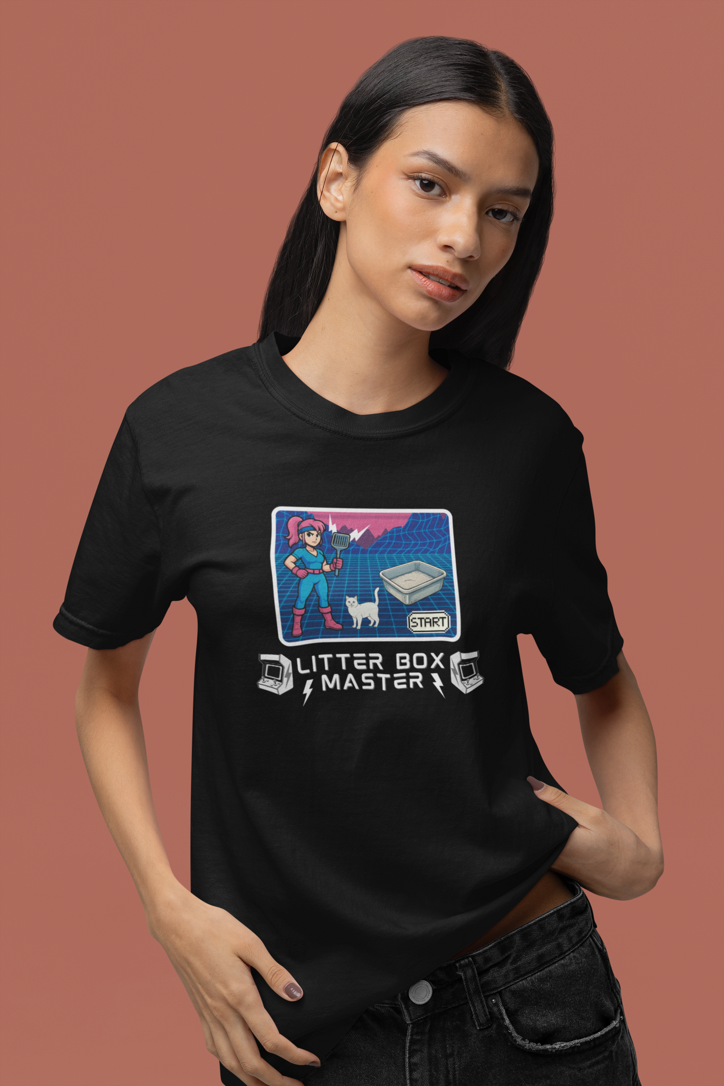 Litter Box Master T-Shirt [Tee #4] - (Funny Retro "Cat Litter Scooping Arcade Game" T-Shirt)