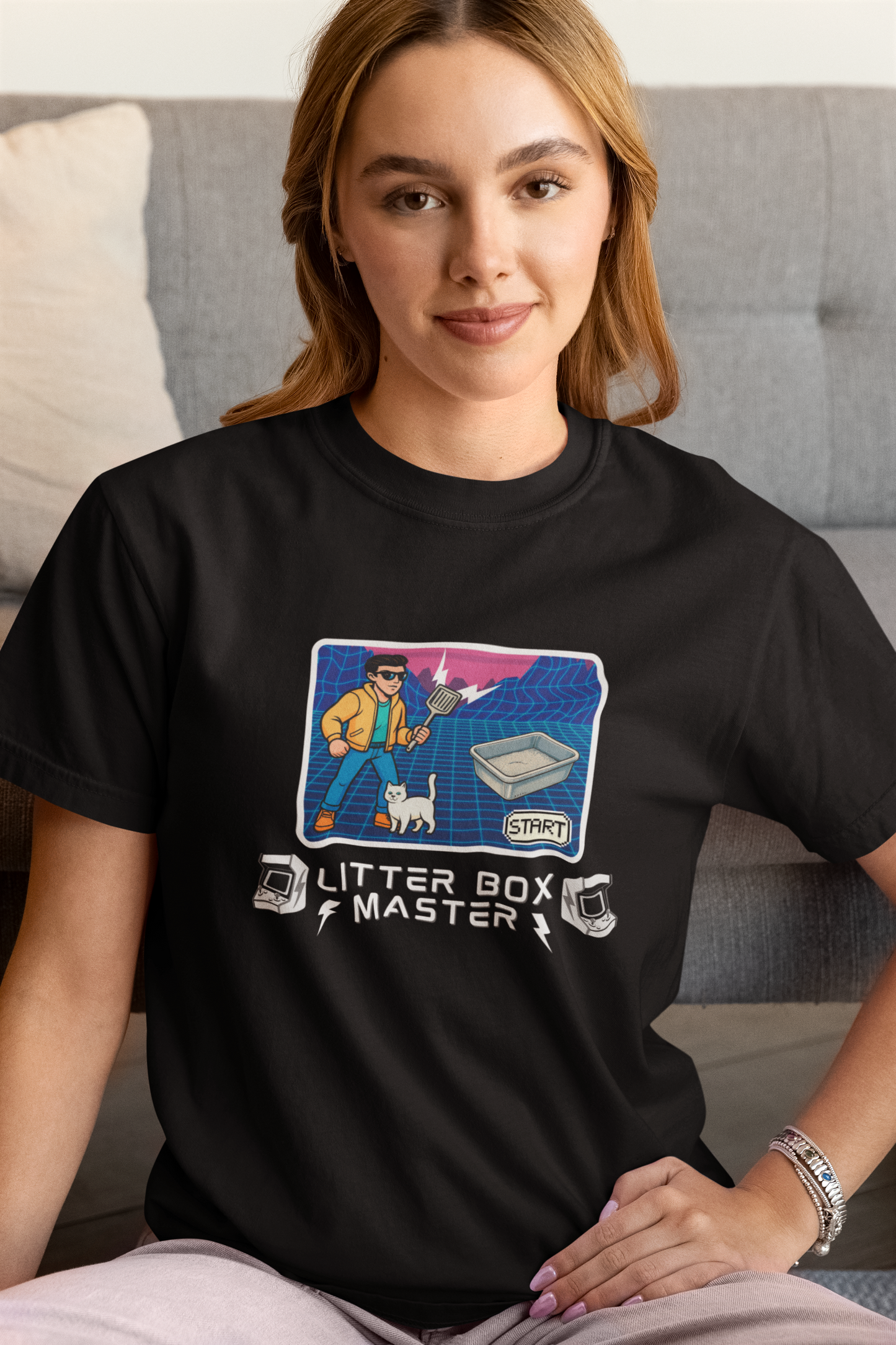 Litter Box Master T-Shirt [Tee #3] - (Funny Retro "Cat Litter Scooping Arcade Game" T-Shirt)