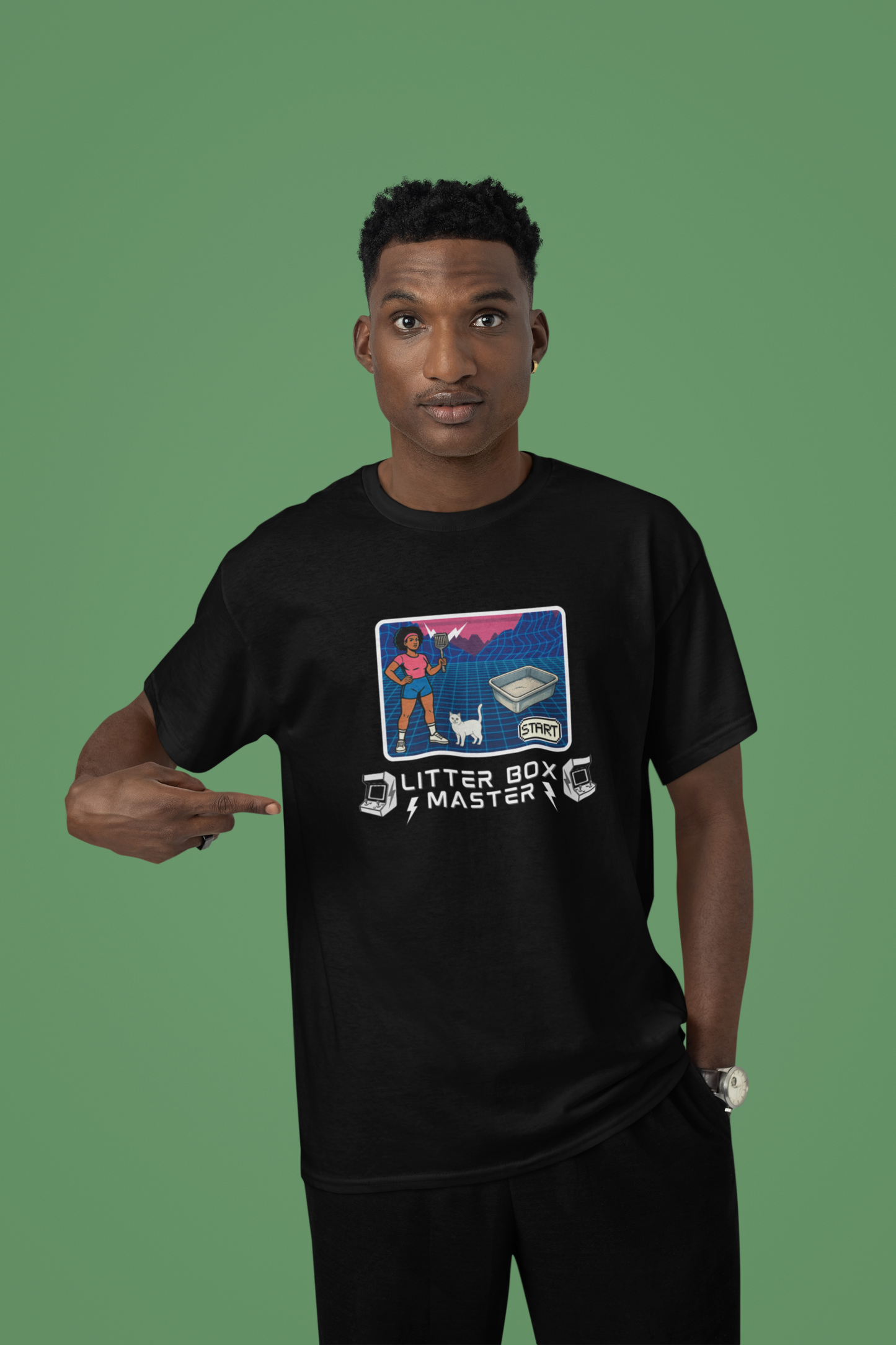 Litter Box Master T-Shirt [Tee #2] - (Funny Retro "Cat Litter Scooping Arcade Game" T-Shirt)