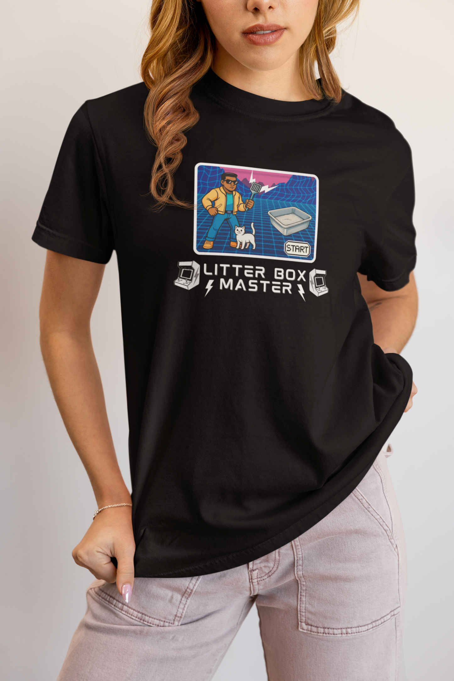 Litter Box Master T-Shirt [Tee #1] - (Funny Retro "Cat Litter Scooping Arcade Game" T-Shirt)