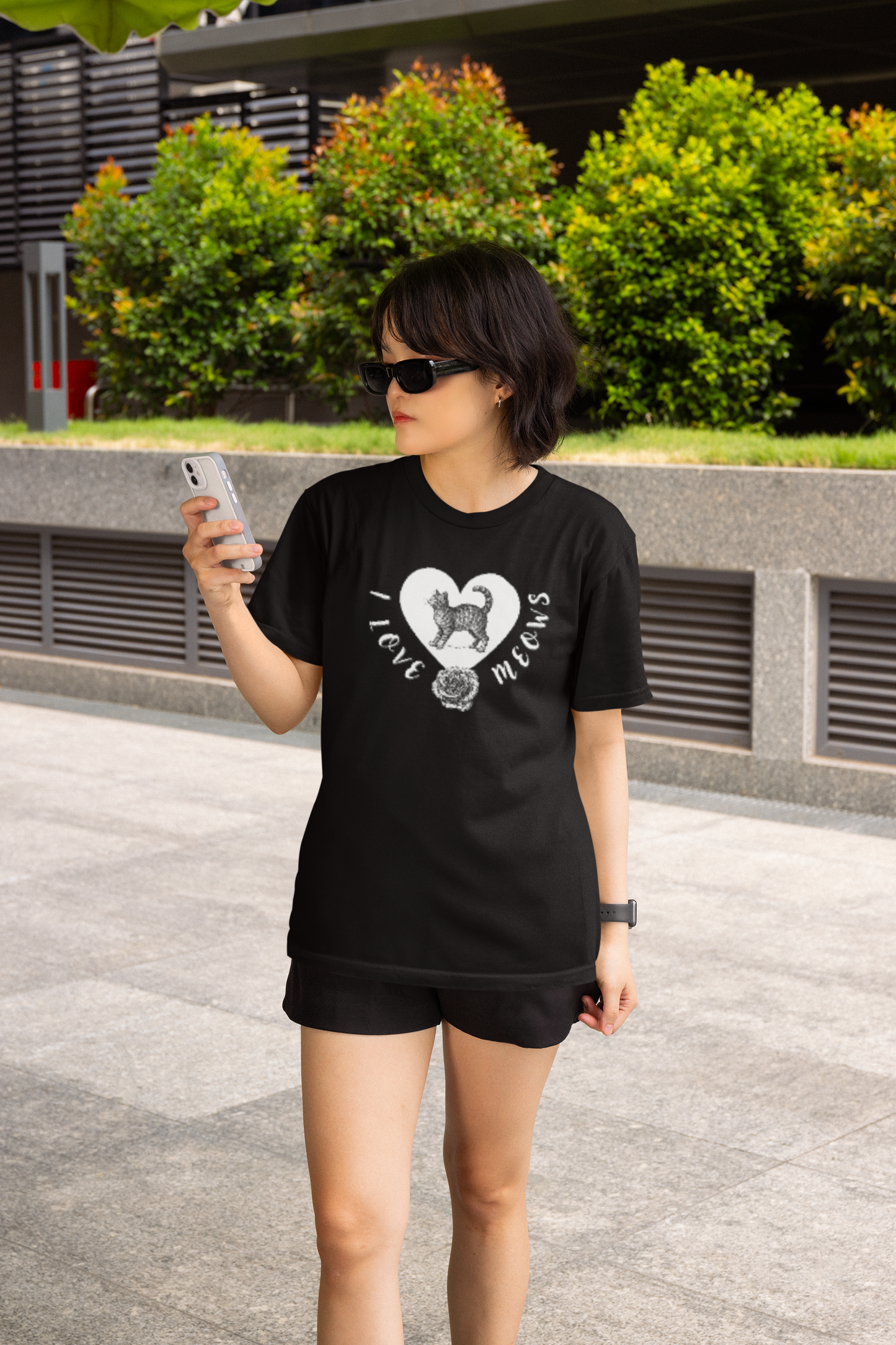 I Love Meows Cat Tee - (Tee #1, Heart, rose & cat T-shirt,  Cat Lover Graphic T-Shirt)