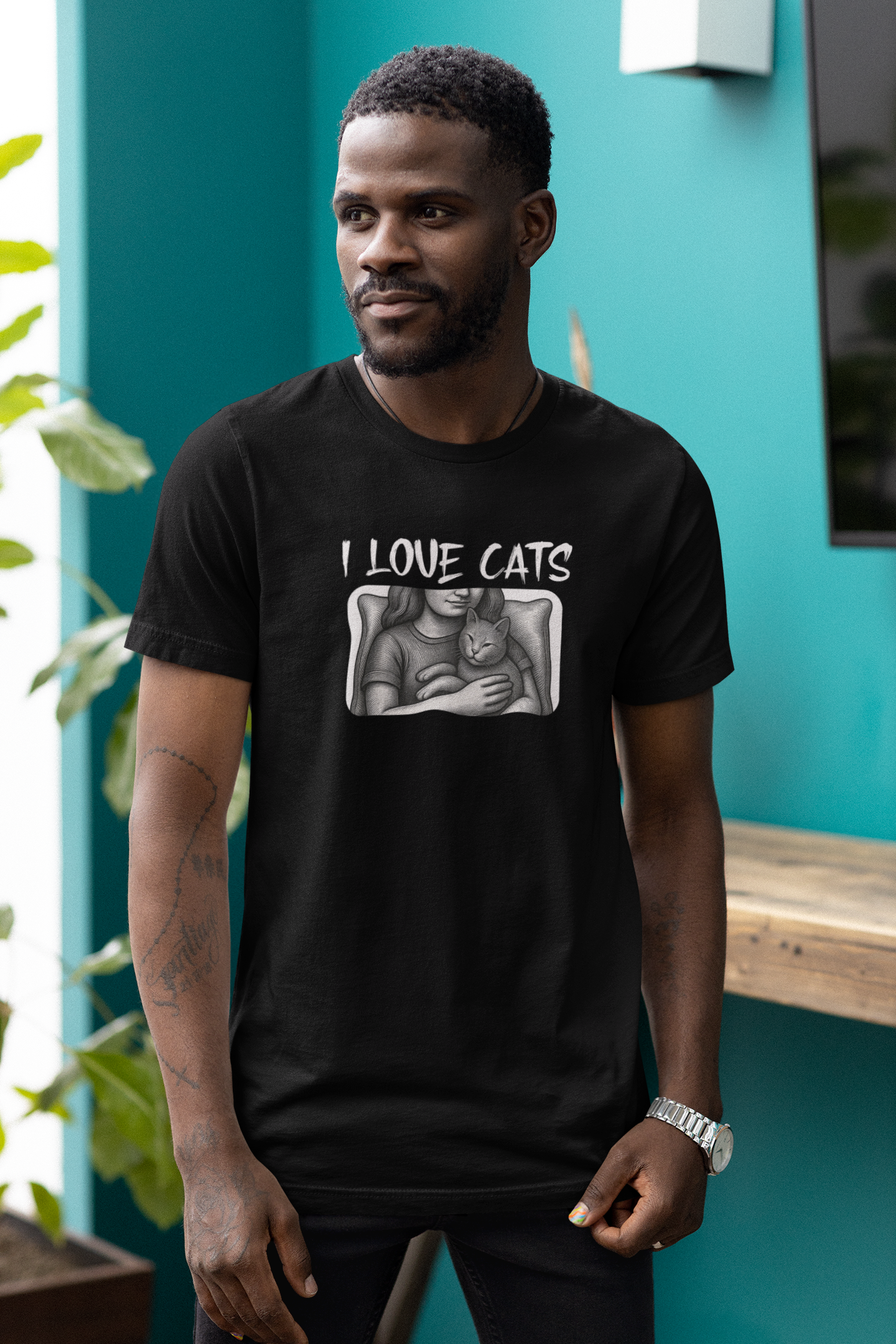 I Love Cats T-Shirt — Cat Lover Graphic Tee with Cozy Cat Cuddle Illustration