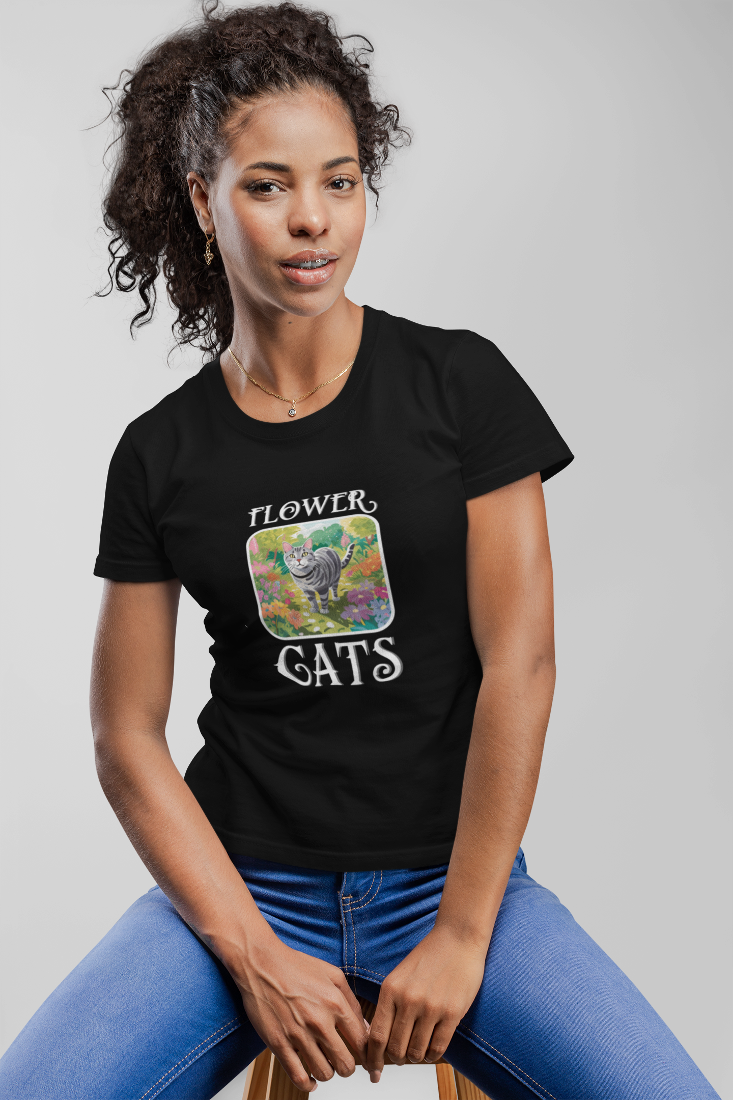 Flower Cats T-Shirts - (Flower Cats Tee #4, Cat in Wildflower Garden T-Shirt, Cat Mom Tee)