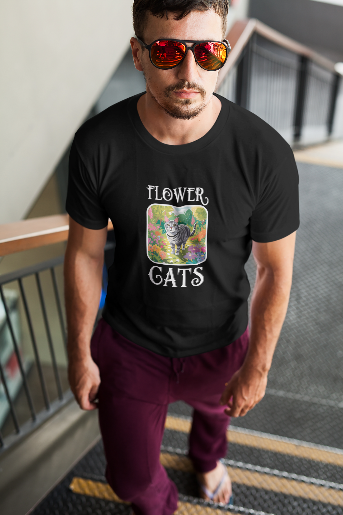 Flower Cats T-Shirts - (Flower Cats Tee #4, Cat in Wildflower Garden T-Shirt, Cat Mom Tee)