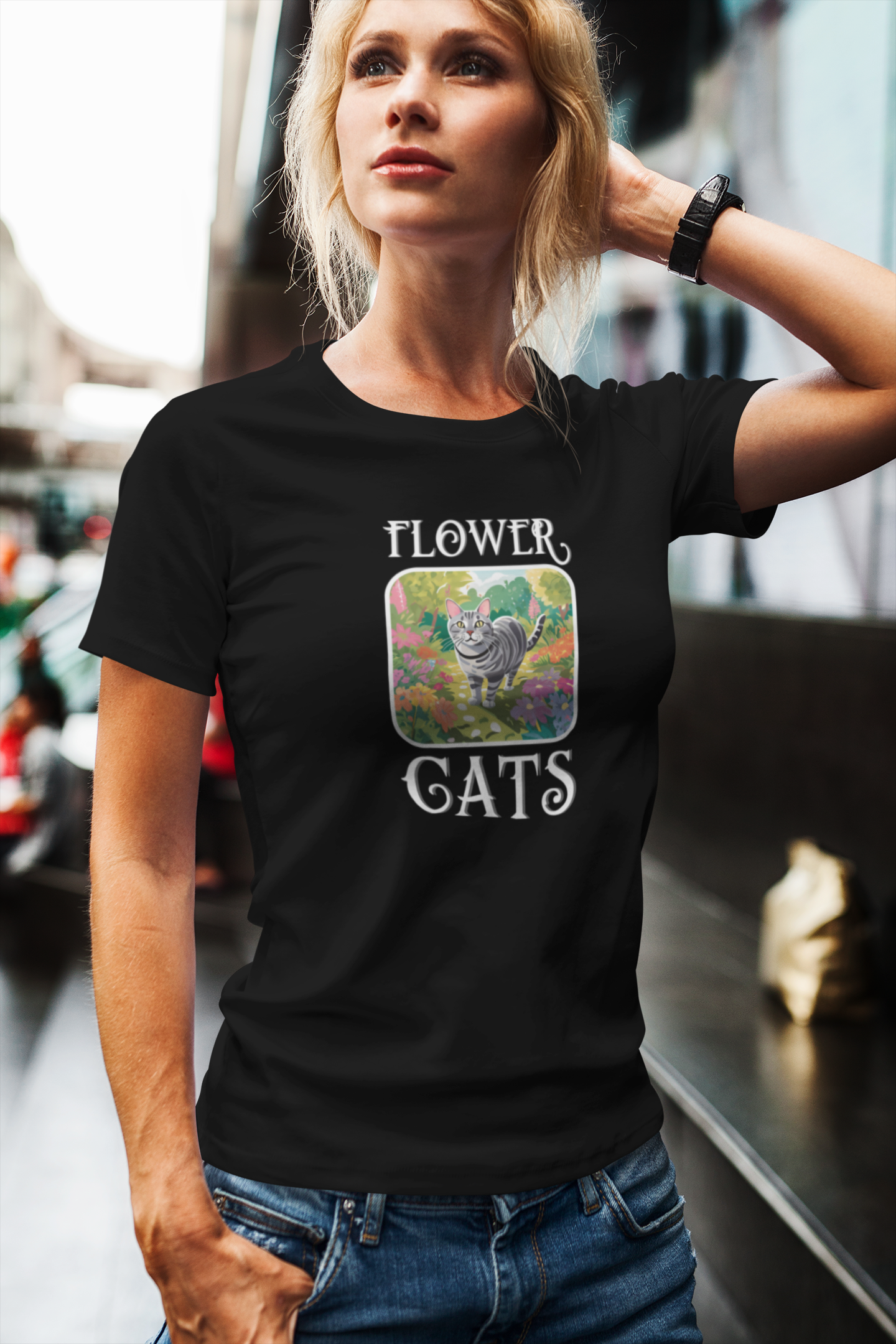 Flower Cats T-Shirts - (Flower Cats Tee #4, Cat in Wildflower Garden T-Shirt, Cat Mom Tee)