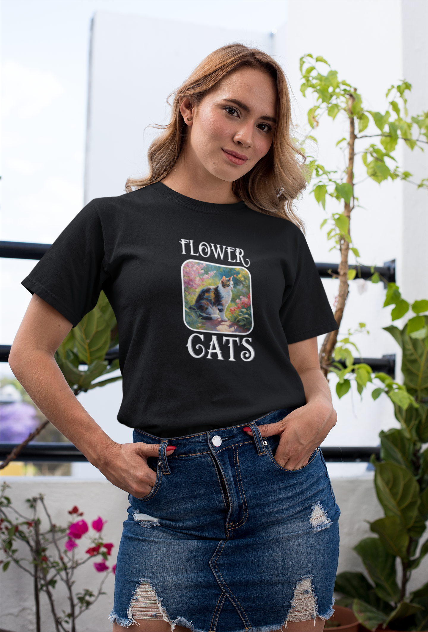 Flower Cats T-Shirt - (Flower Cat Tee #3, Calico Garden Cat T-Shirt for Cat Lovers, Cat Moms)