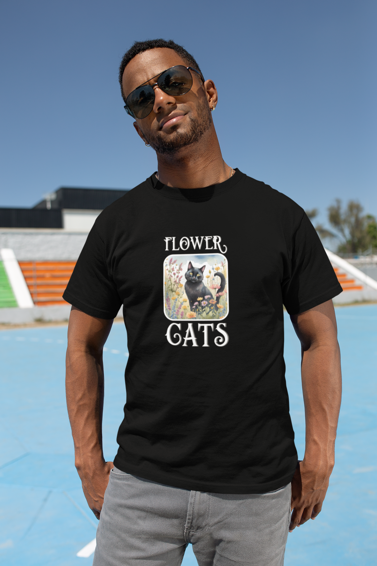 Flower Cats T-Shirt - (Flower Cat Tee #2, Black Cat Garden T-Shirt  - Whimsical Floral Cat Tee for Cat Lovers)