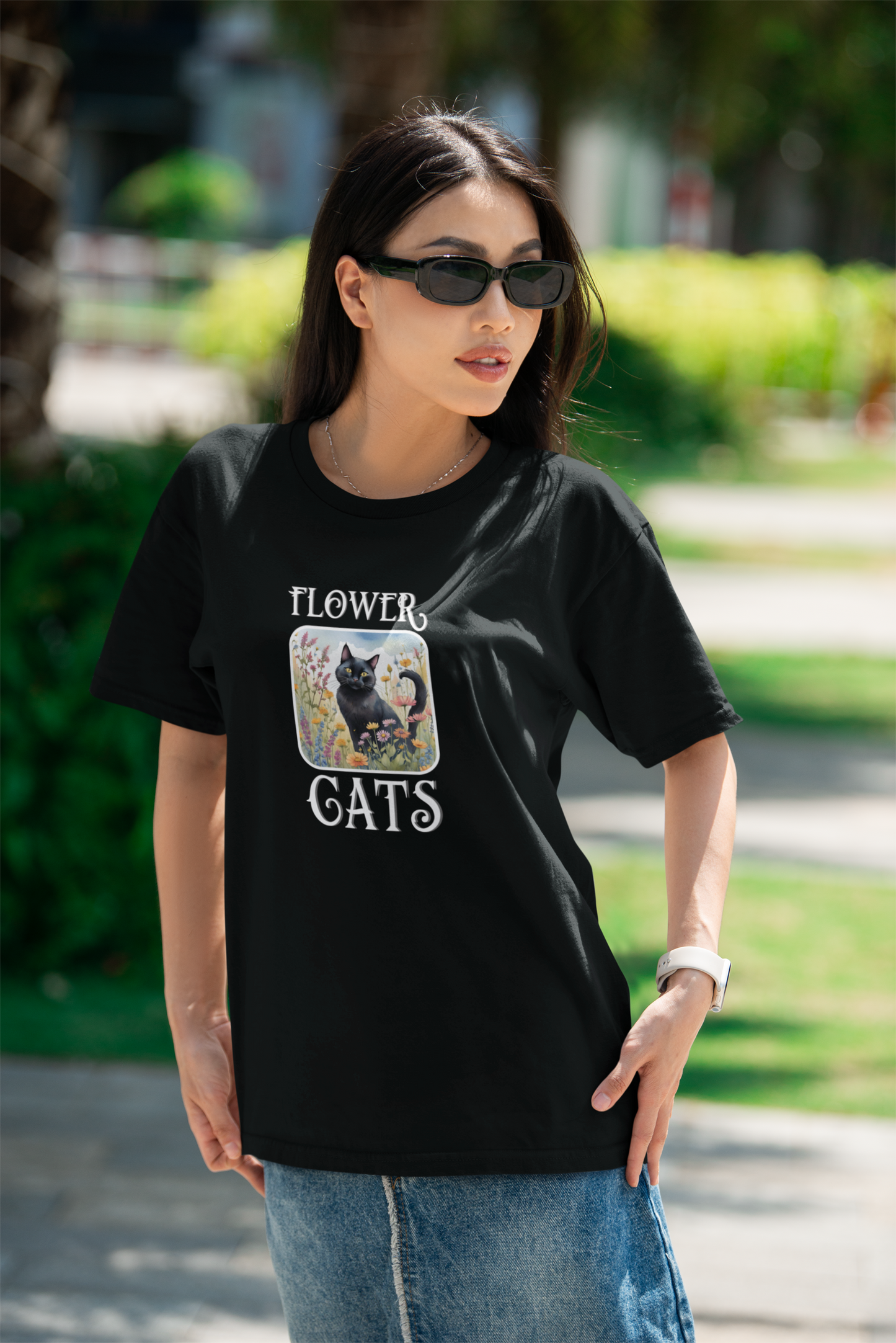 Flower Cats T-Shirt - (Flower Cat Tee #2, Black Cat Garden T-Shirt  - Whimsical Floral Cat Tee for Cat Lovers)