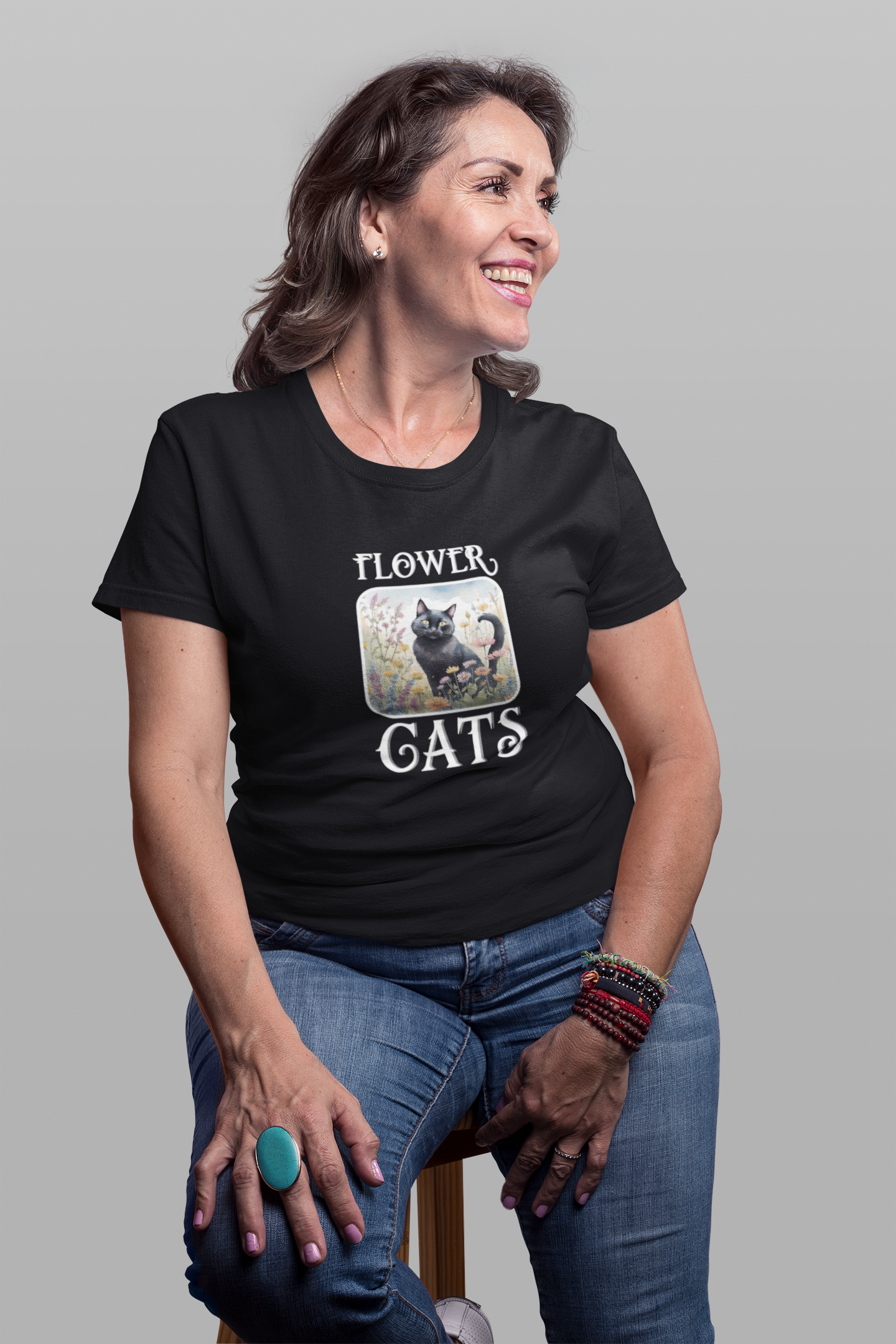 Flower Cats T-Shirt - (Flower Cat Tee #2, Black Cat Garden T-Shirt  - Whimsical Floral Cat Tee for Cat Lovers)