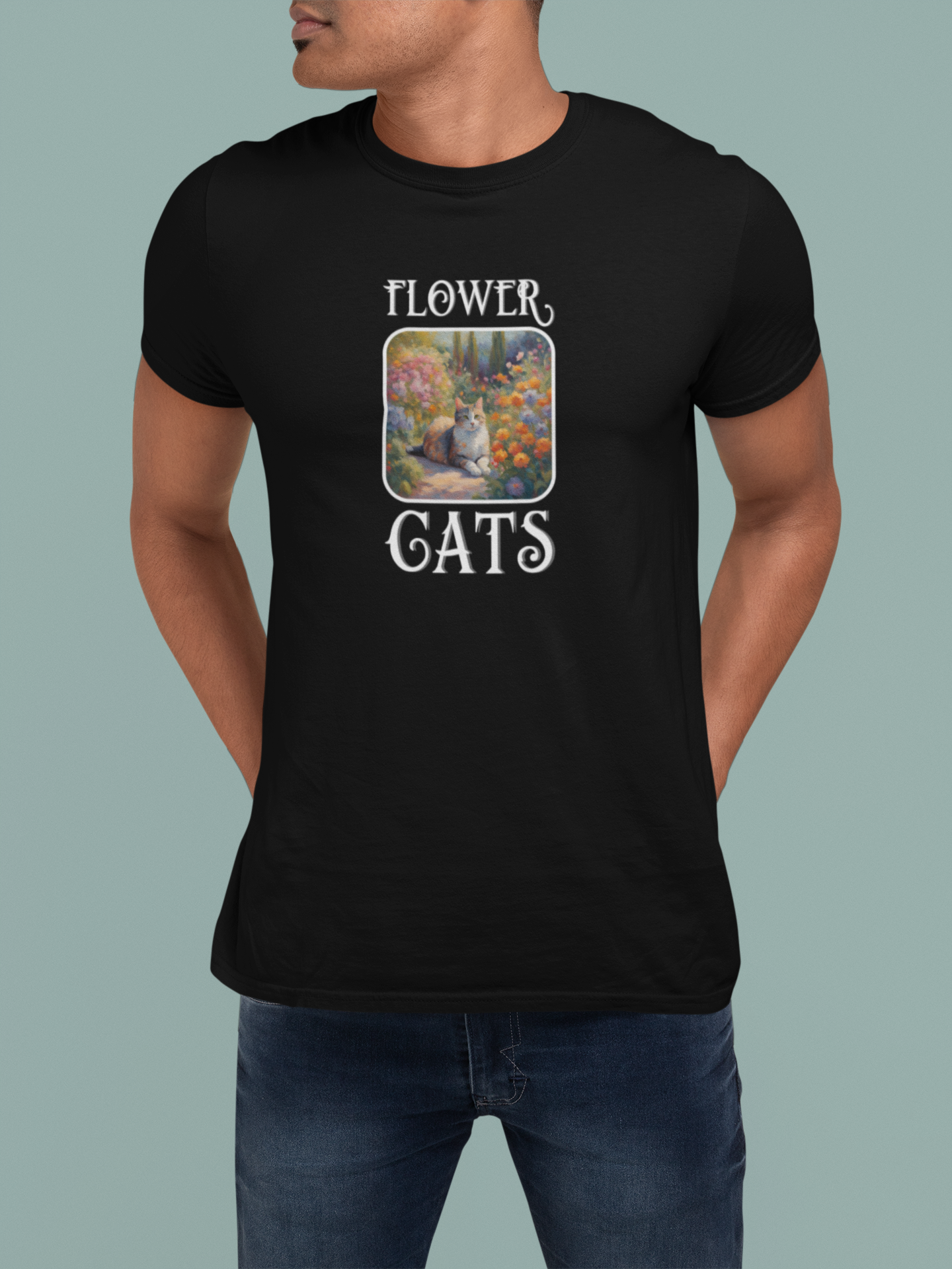 Flower Cats T-Shirt — (Flower Cats Tee #1, Colorful Garden Cat T-Shirt for Cat Fans & Cat Lovers!)