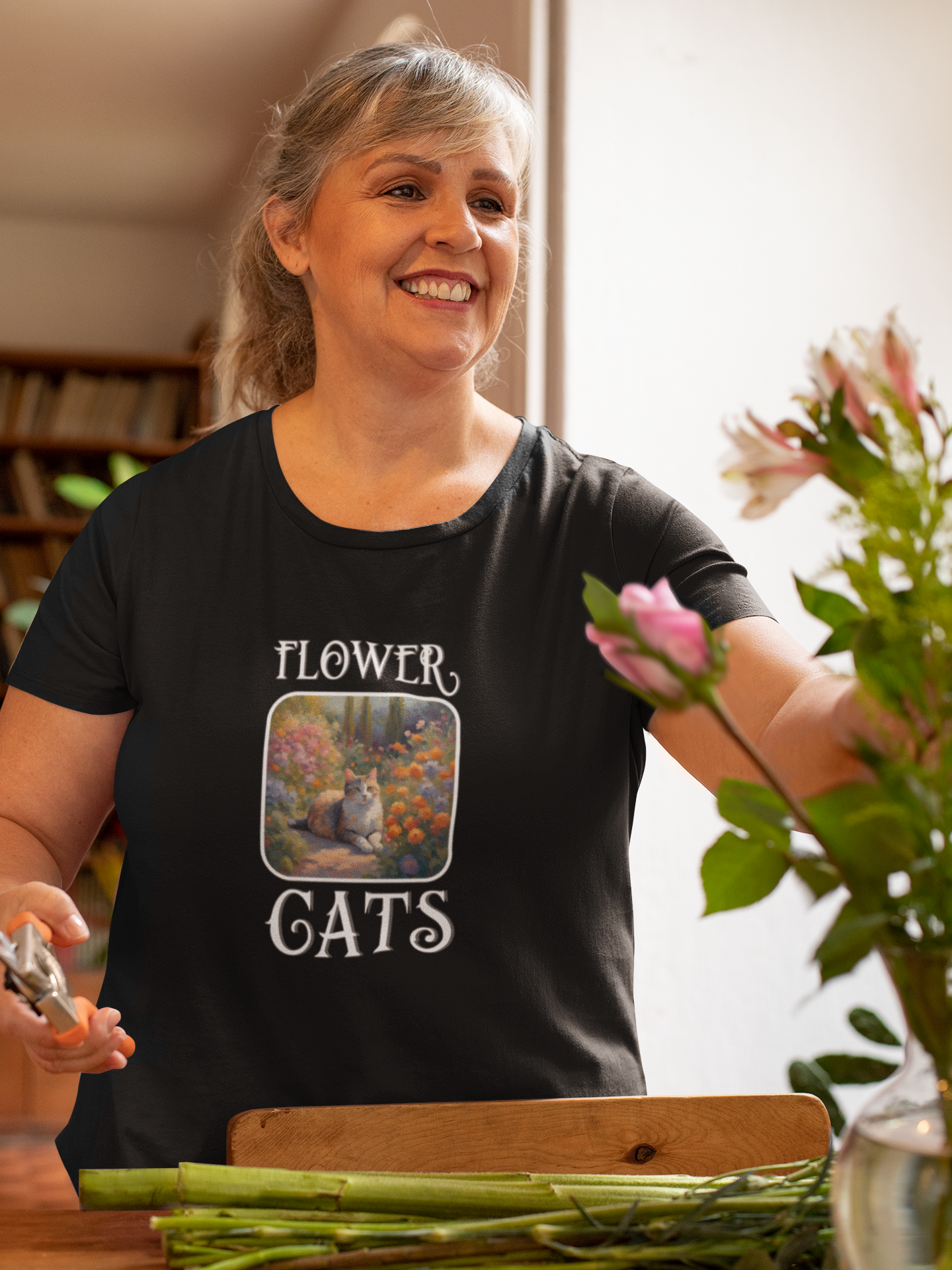 Flower Cats T-Shirt — (Flower Cats Tee #1, Colorful Garden Cat T-Shirt for Cat Fans & Cat Lovers!)
