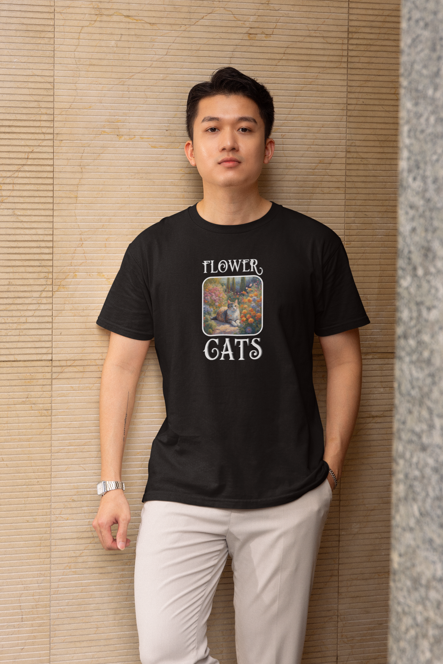 Flower Cats T-Shirt — (Flower Cats Tee #1, Colorful Garden Cat T-Shirt for Cat Fans & Cat Lovers!)
