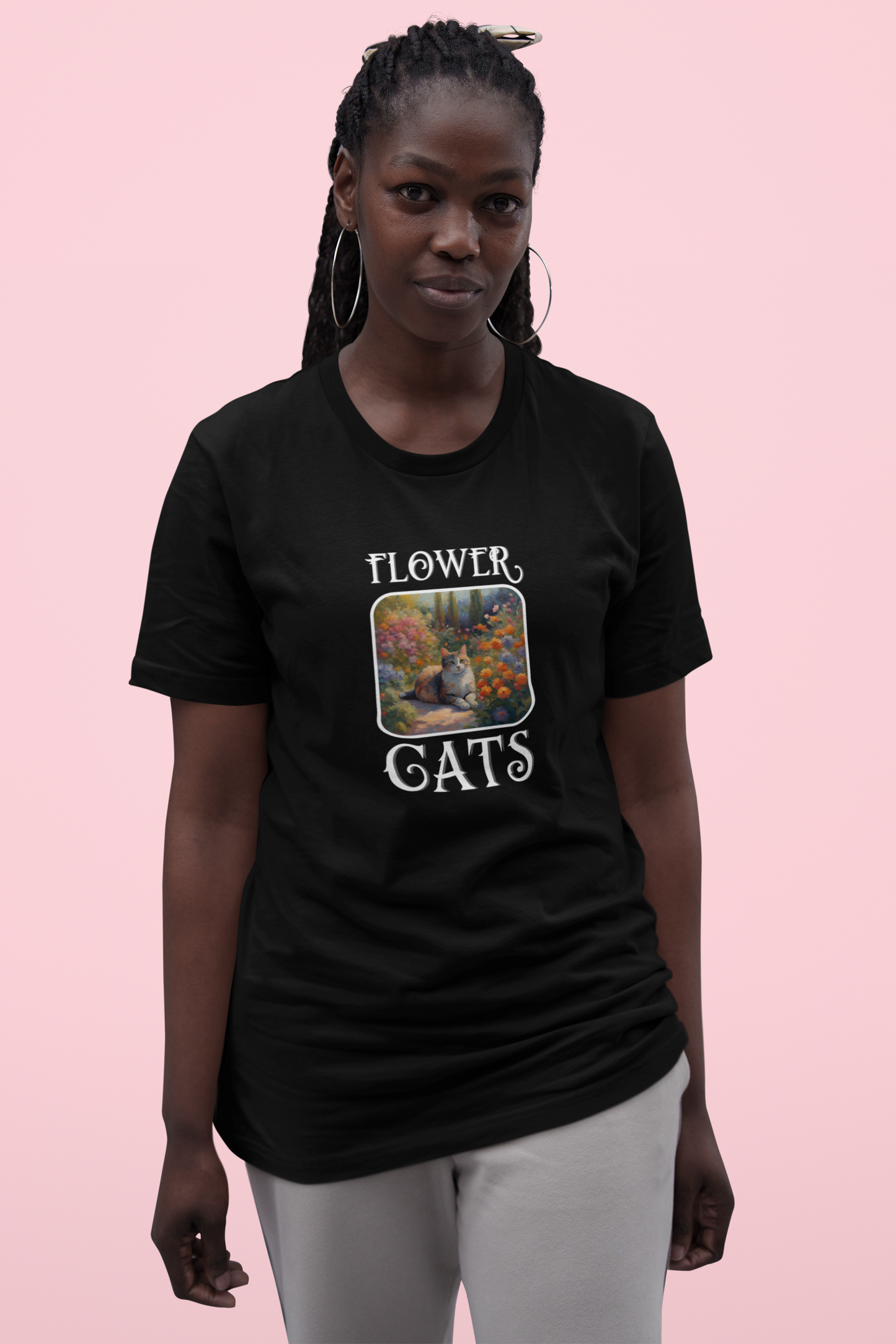 Flower Cats T-Shirt — (Flower Cats Tee #1, Colorful Garden Cat T-Shirt for Cat Fans & Cat Lovers!)