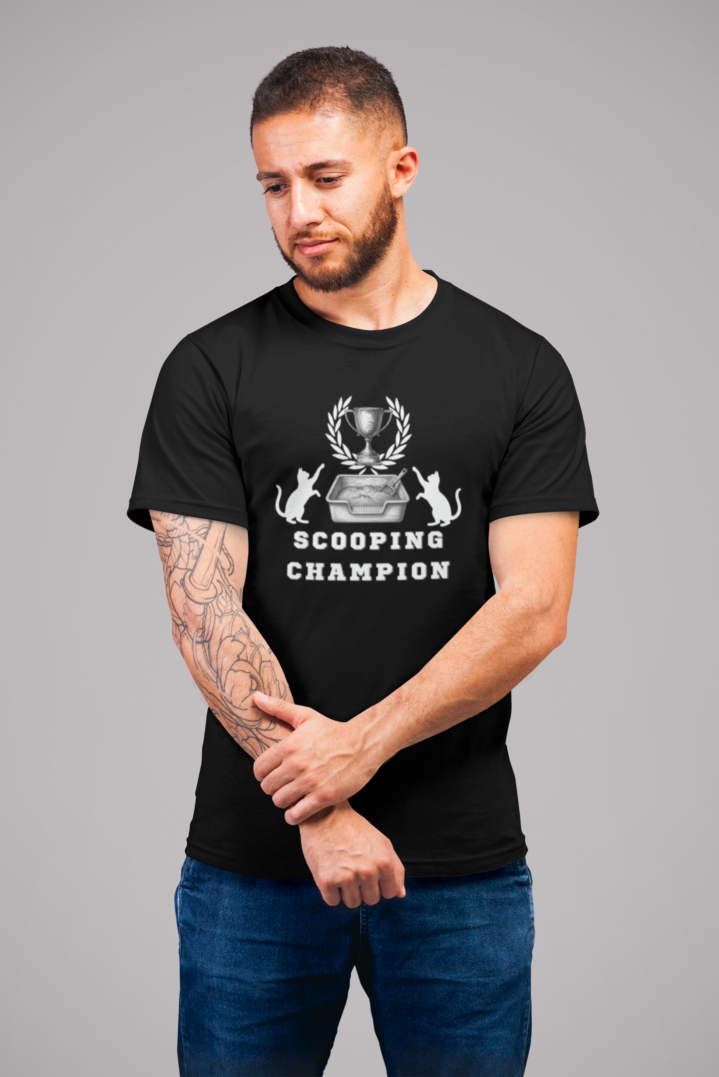 Scooping Champion T-Shirt - (Cat Litter Themed, Funny Cat Owner Tee)
