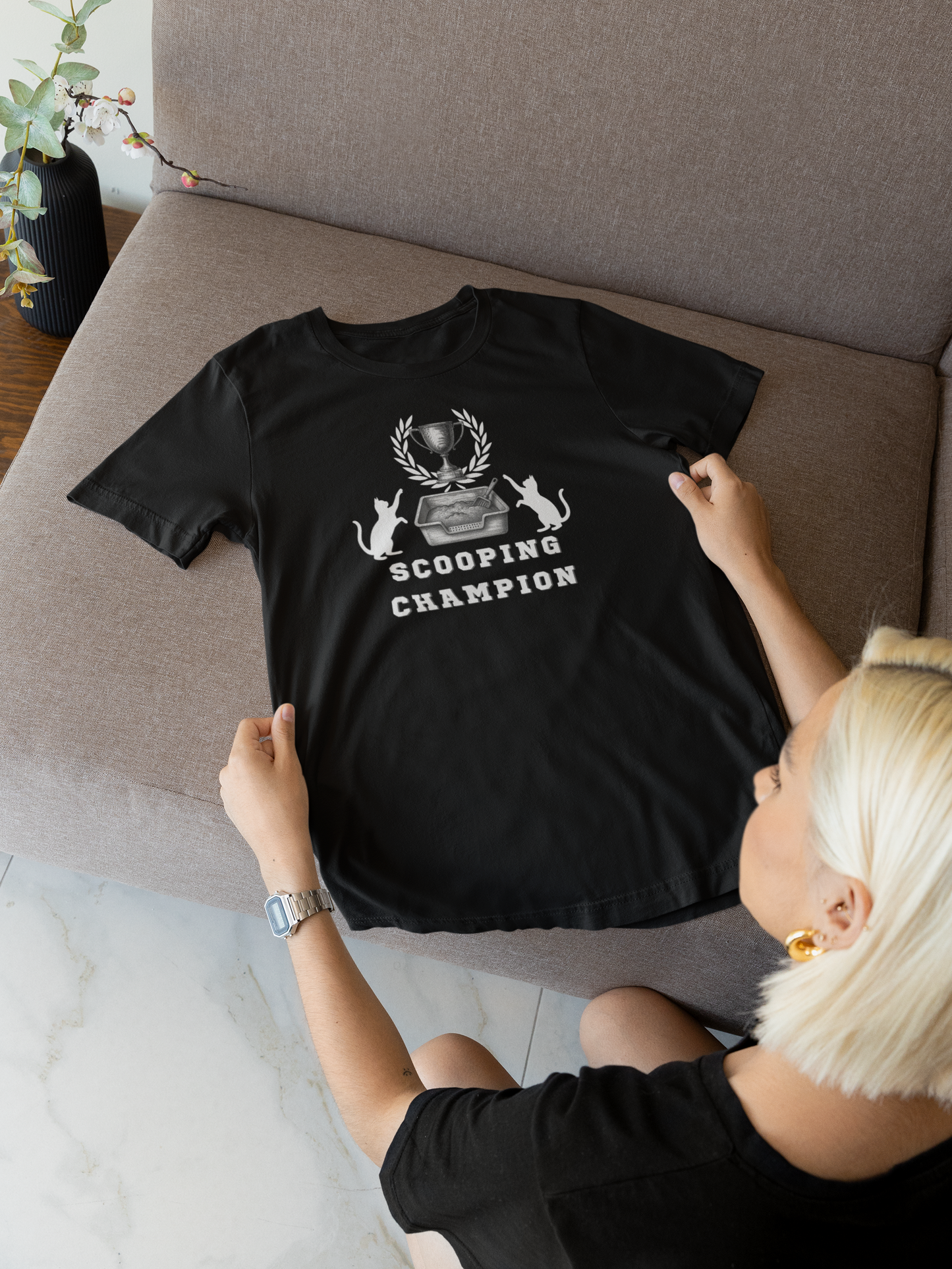 Scooping Champion T-Shirt - (Cat Litter Themed, Funny Cat Owner Tee)