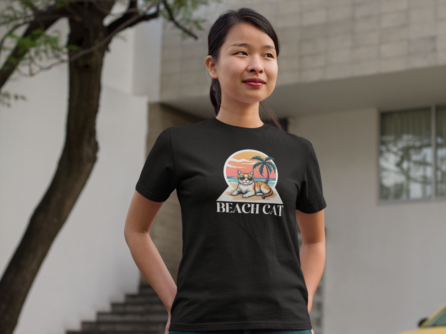Beach Cat T-Shirt - (Retro Sunset Graphic Tee for Cat Fans)