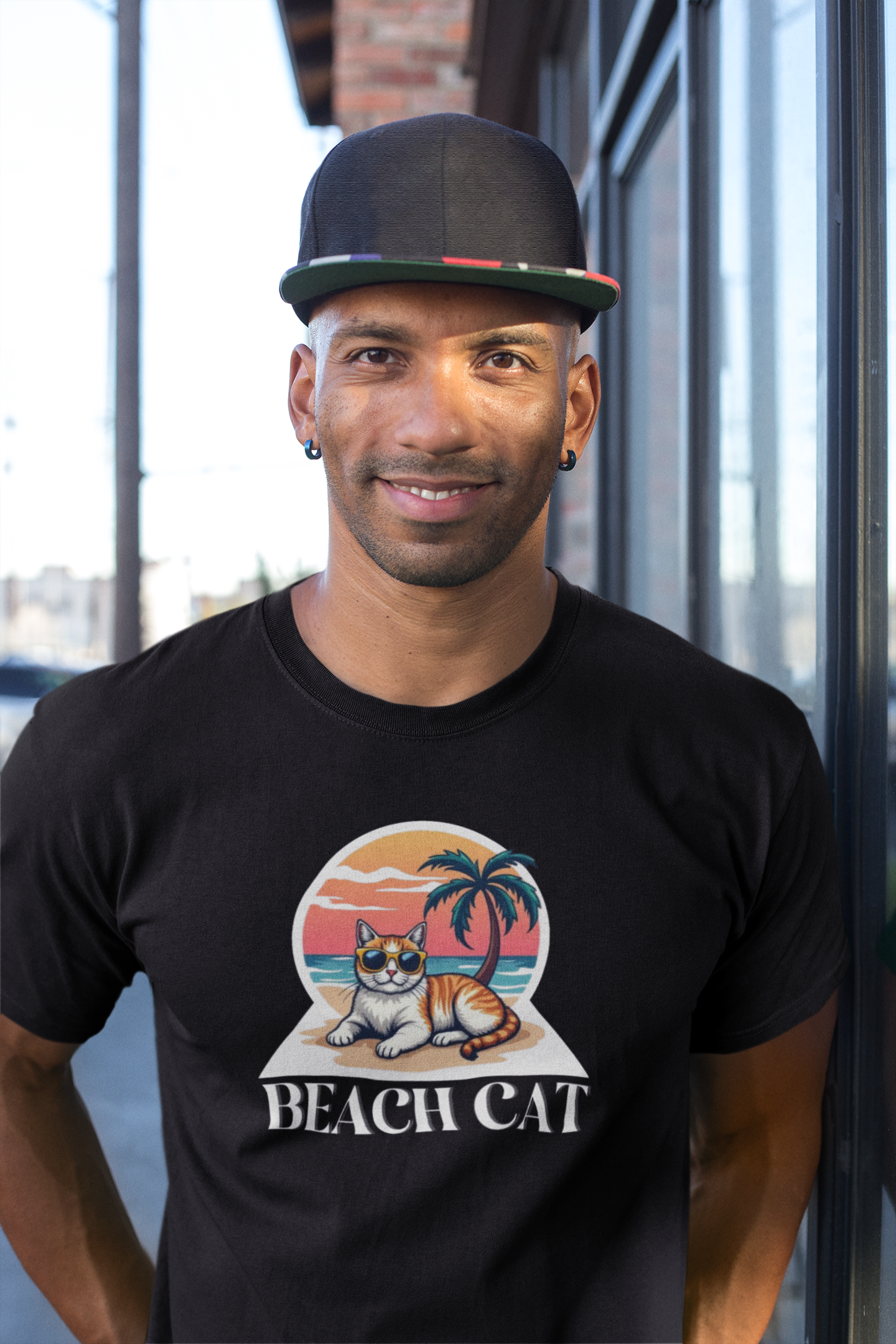 Beach Cat T-Shirt - (Retro Sunset Graphic Tee for Cat Fans)