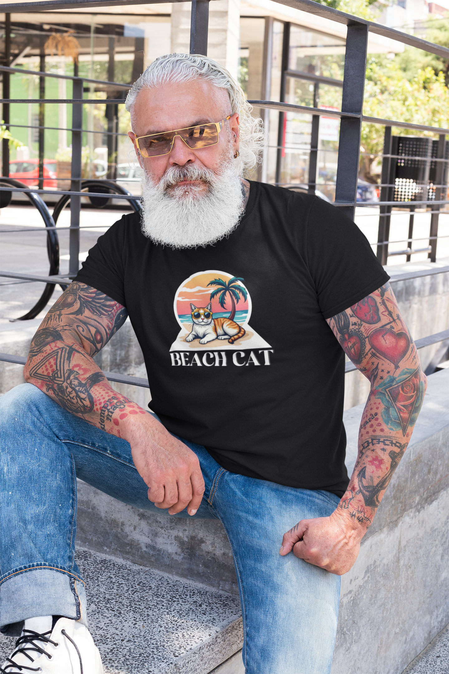 Beach Cat T-Shirt - (Retro Sunset Graphic Tee for Cat Fans)