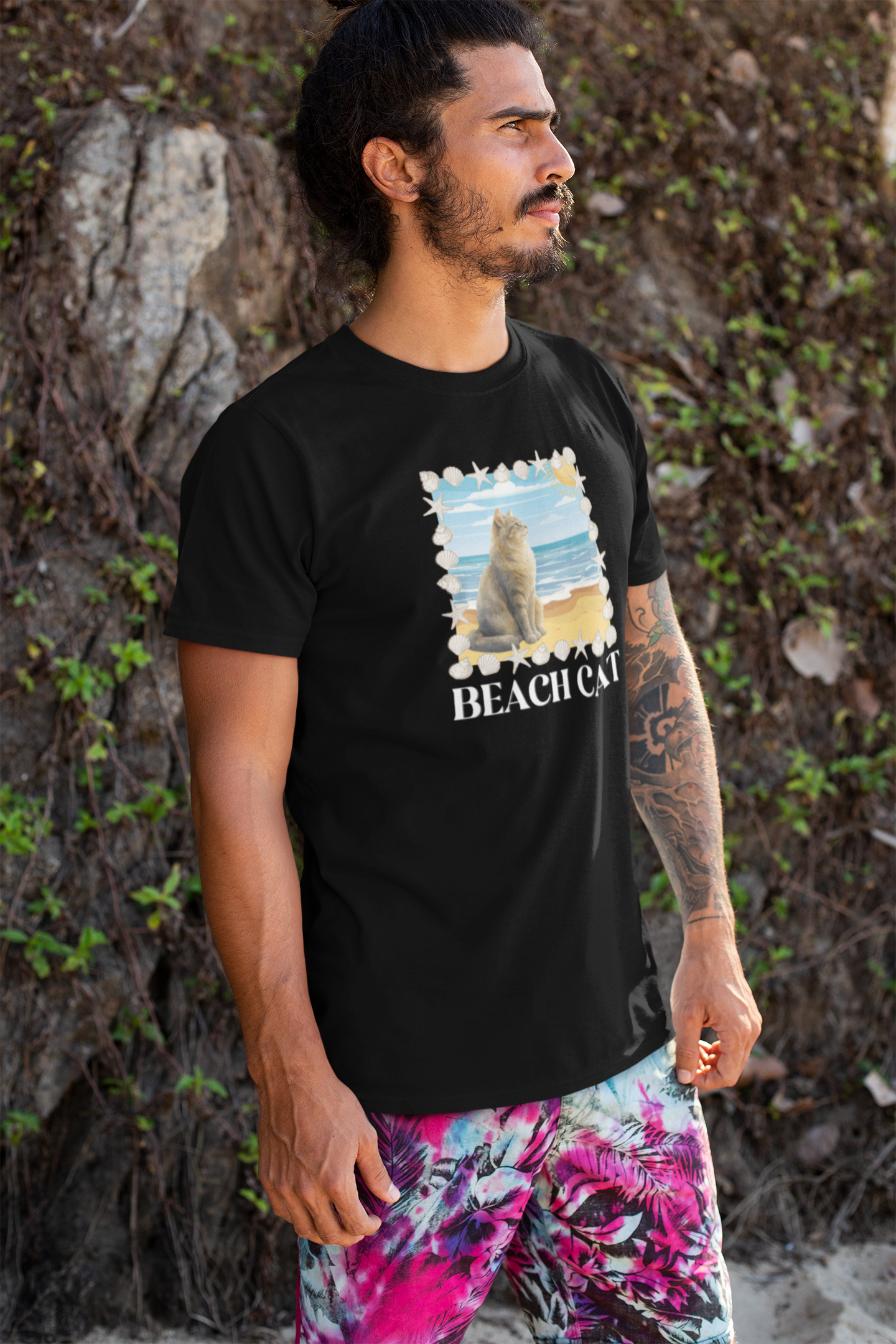 Beach Cat T-Shirt - (Vintage Coastal Cat Graphic Tee)