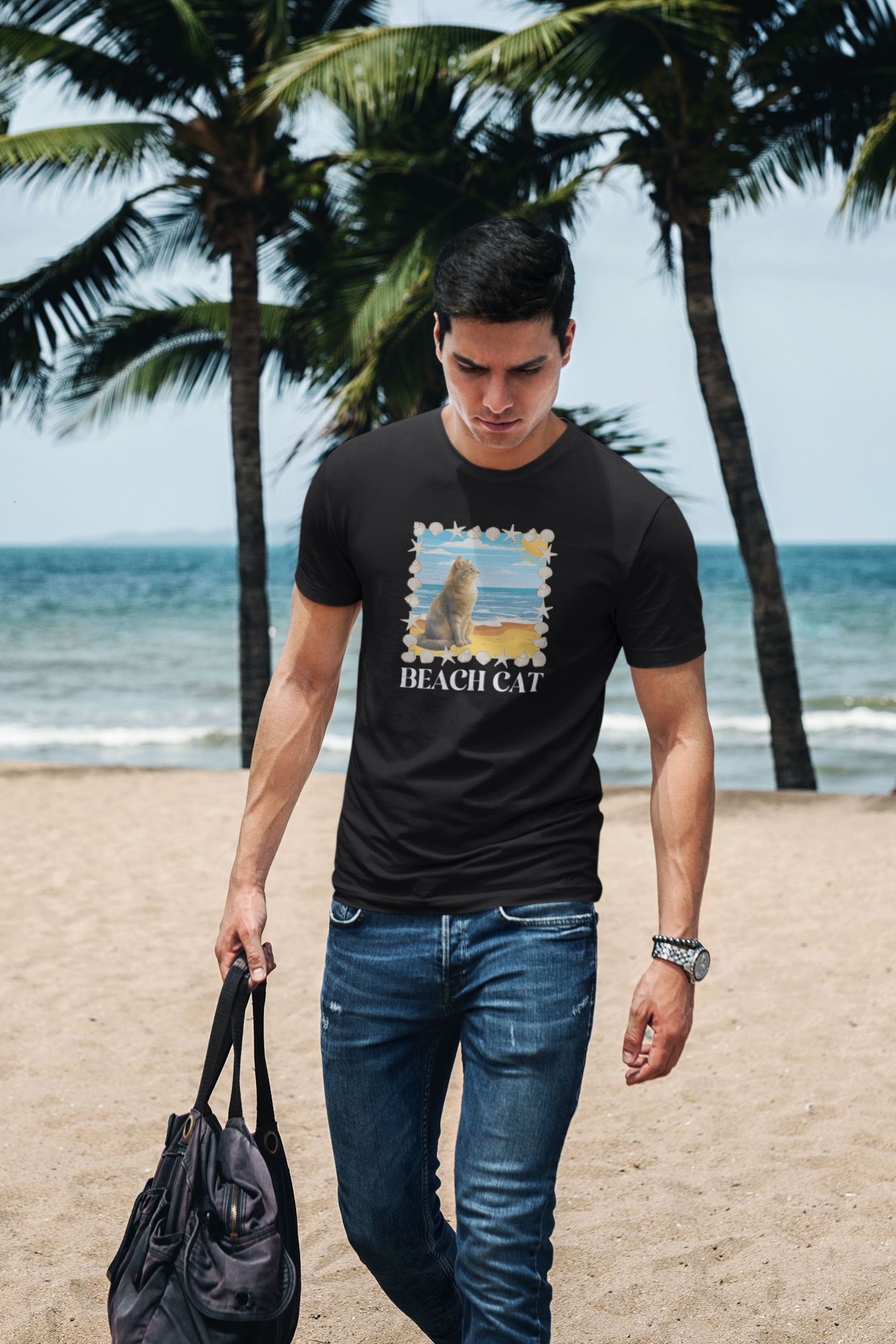 Beach Cat T-Shirt - (Vintage Coastal Cat Graphic Tee)