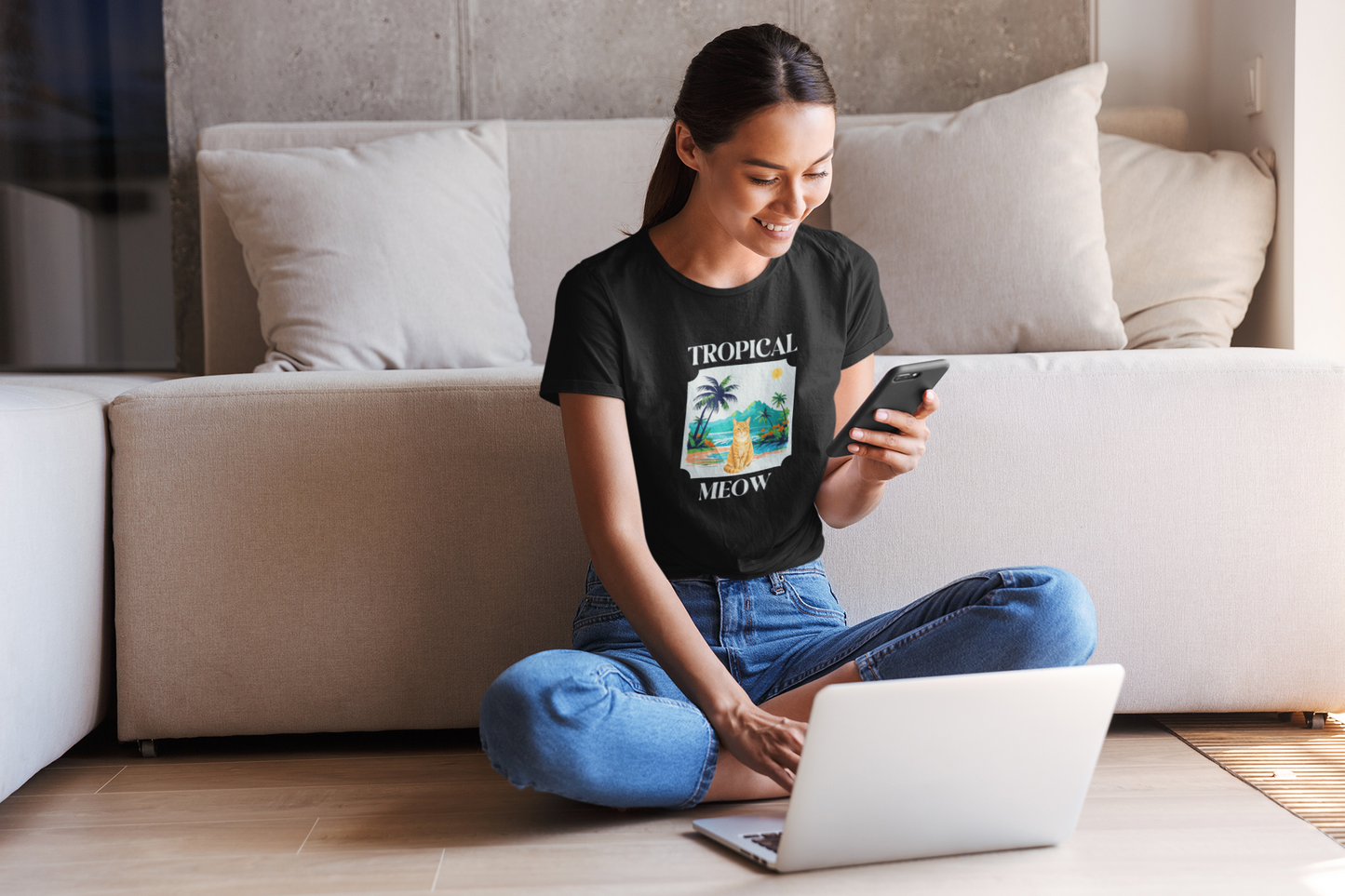 Tropical Meow Cat Tee — (Retro Beach Cat Graphic T-Shirt)
