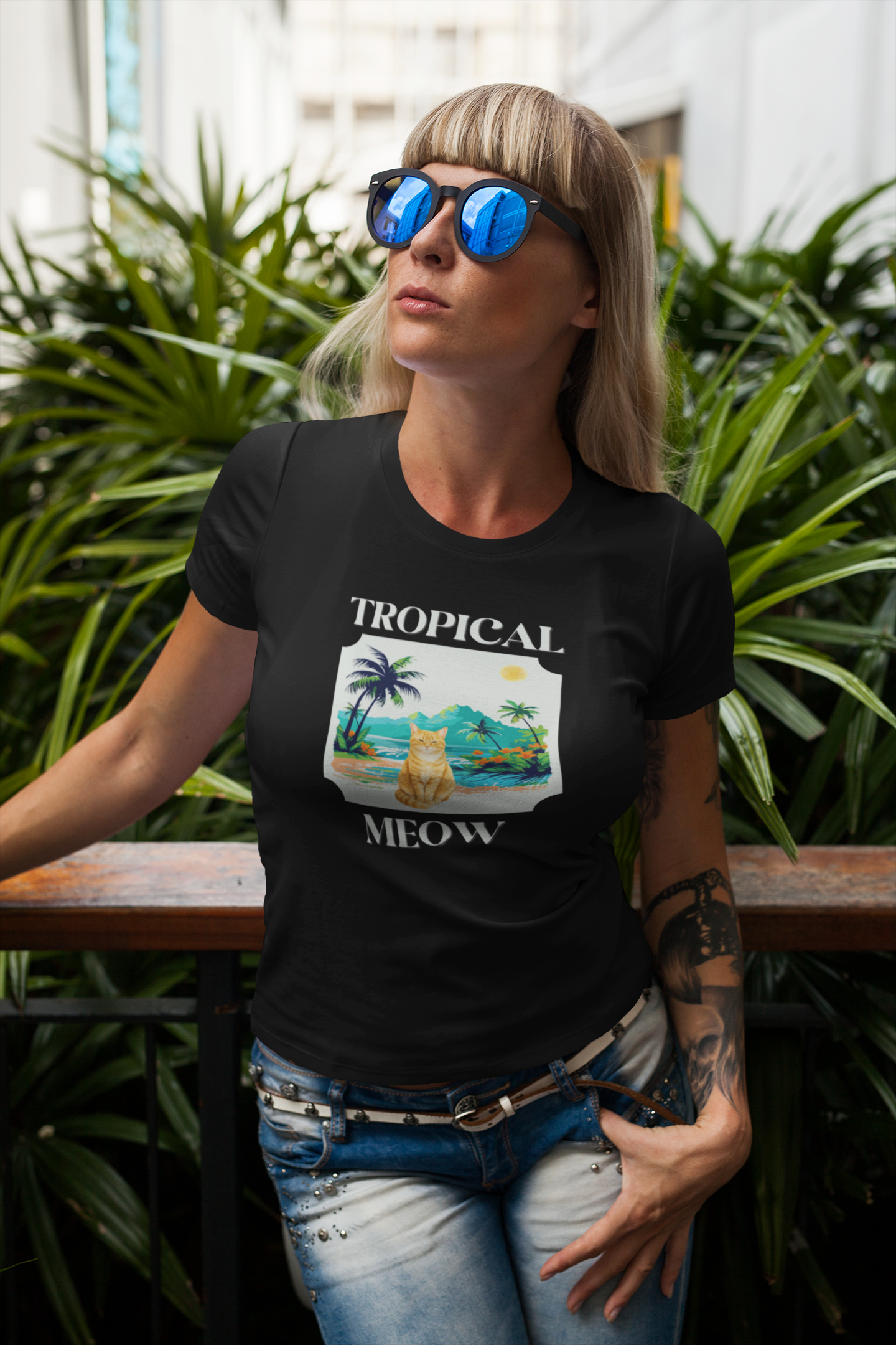 Tropical Meow Cat Tee — (Retro Beach Cat Graphic T-Shirt)