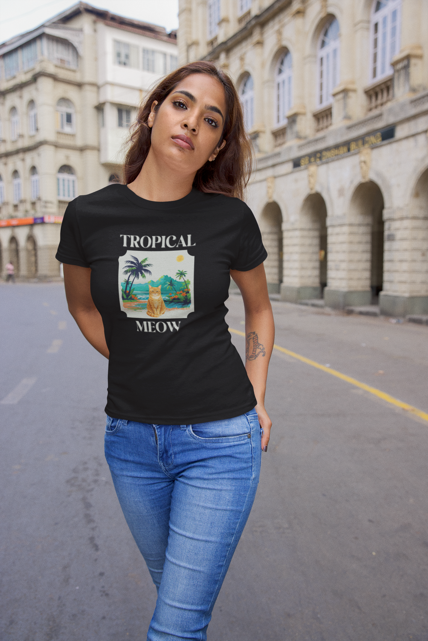 Tropical Meow Cat Tee — (Retro Beach Cat Graphic T-Shirt)