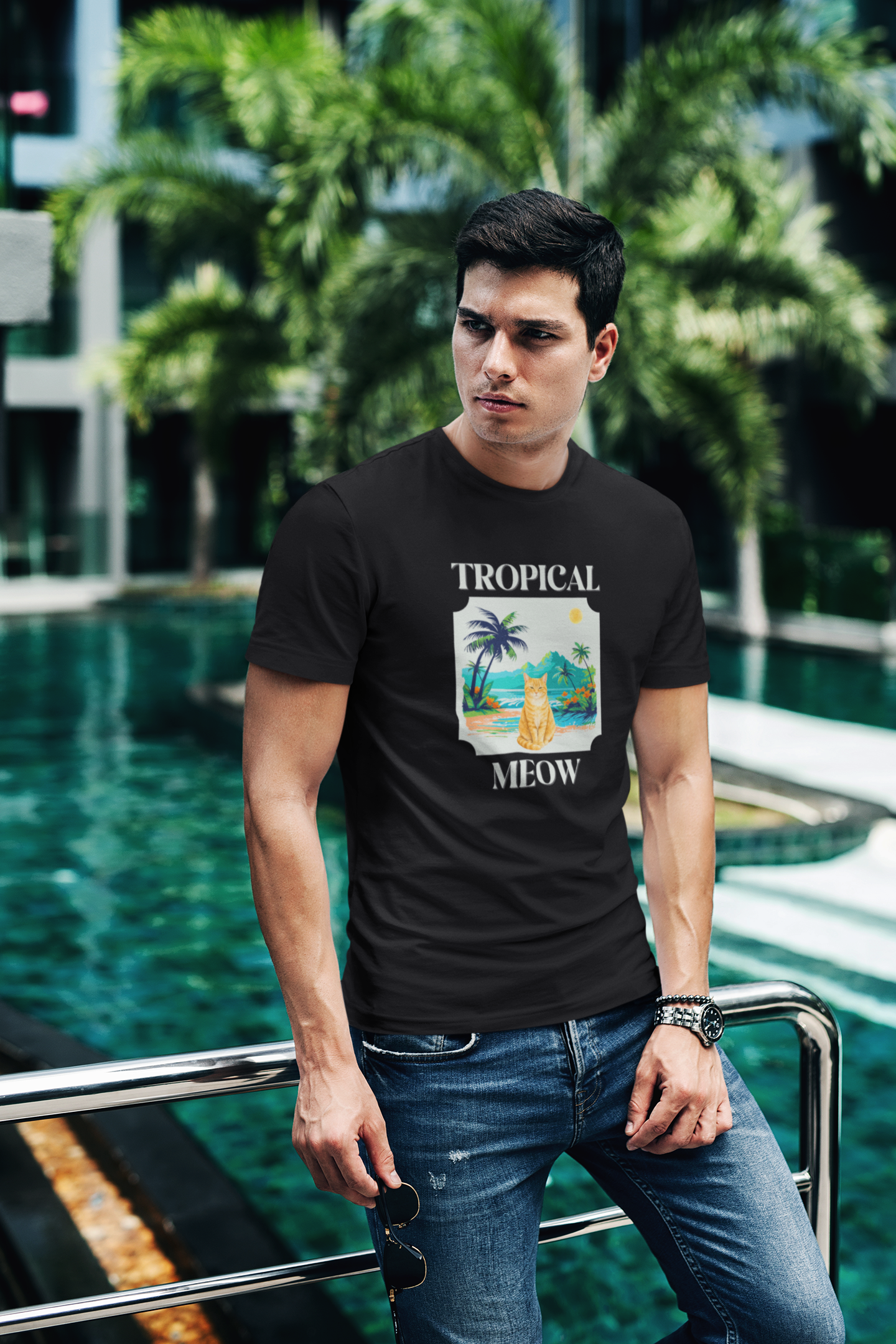 Tropical Meow Cat Tee — (Retro Beach Cat Graphic T-Shirt)