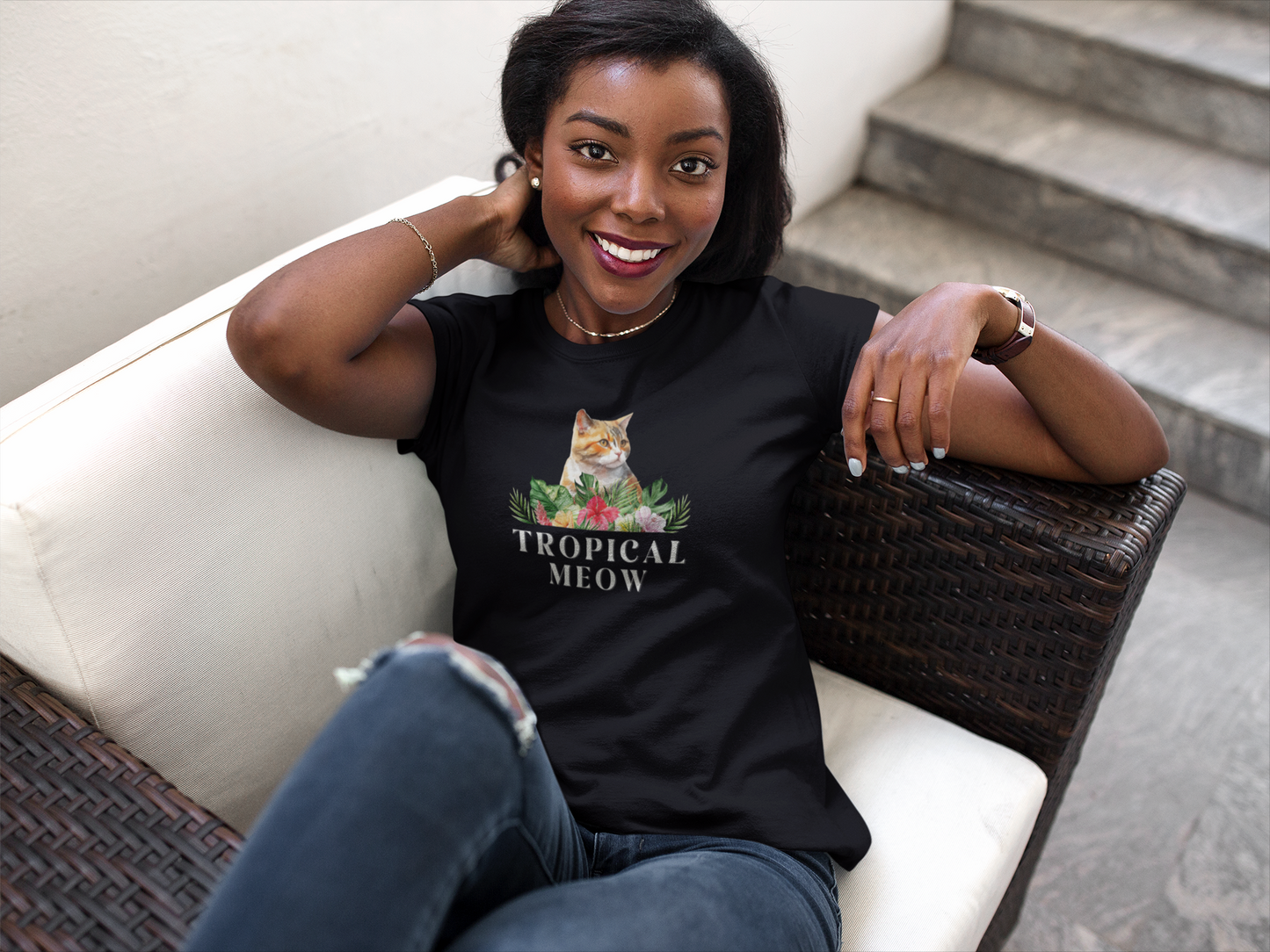 Tropical Meow Cat T-Shirt - (Cute Floral Cat Tee, Tropical Meow #2 No Background)