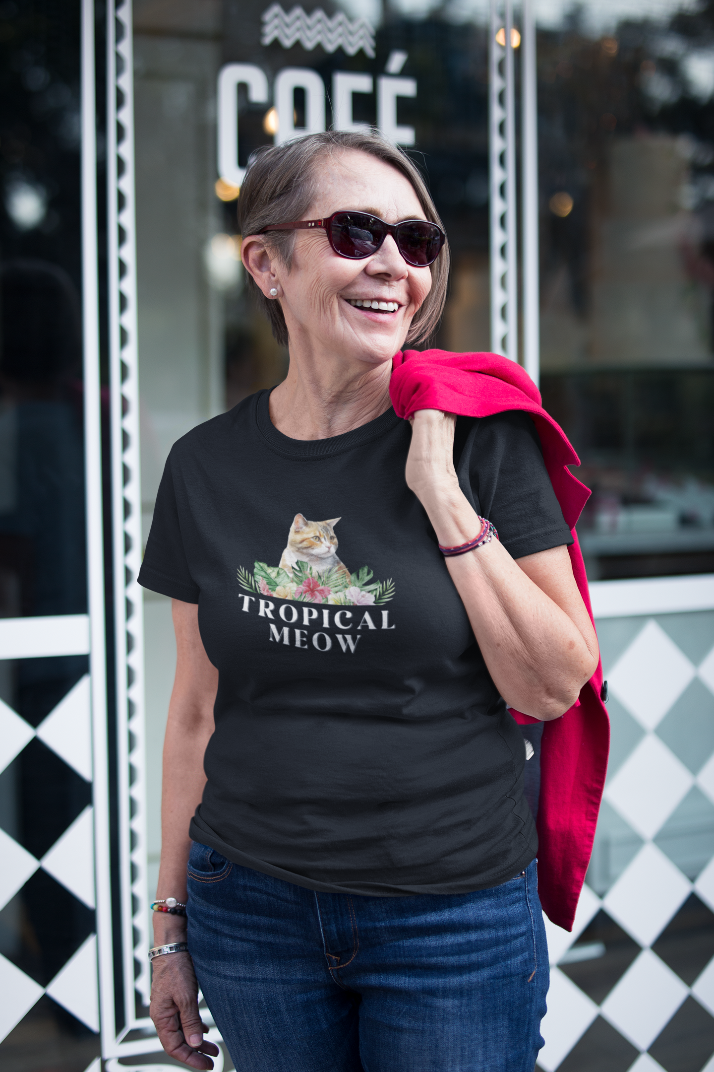 Tropical Meow Cat T-Shirt - (Cute Floral Cat Tee, Tropical Meow #2 No Background)