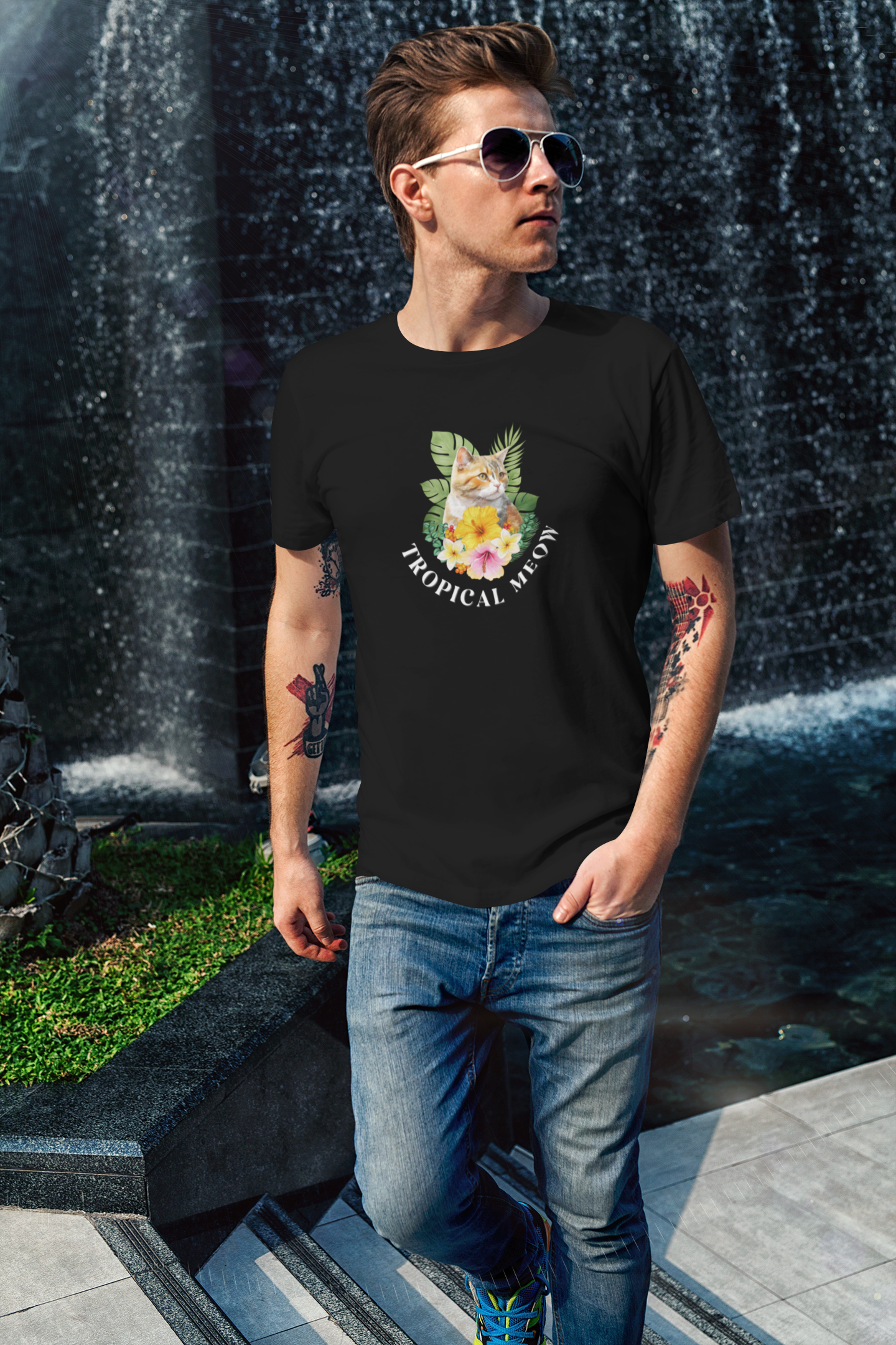 Tropical Meow T-Shirt — Tropical Style Cat Fan Graphic Tee (#3 No Background)