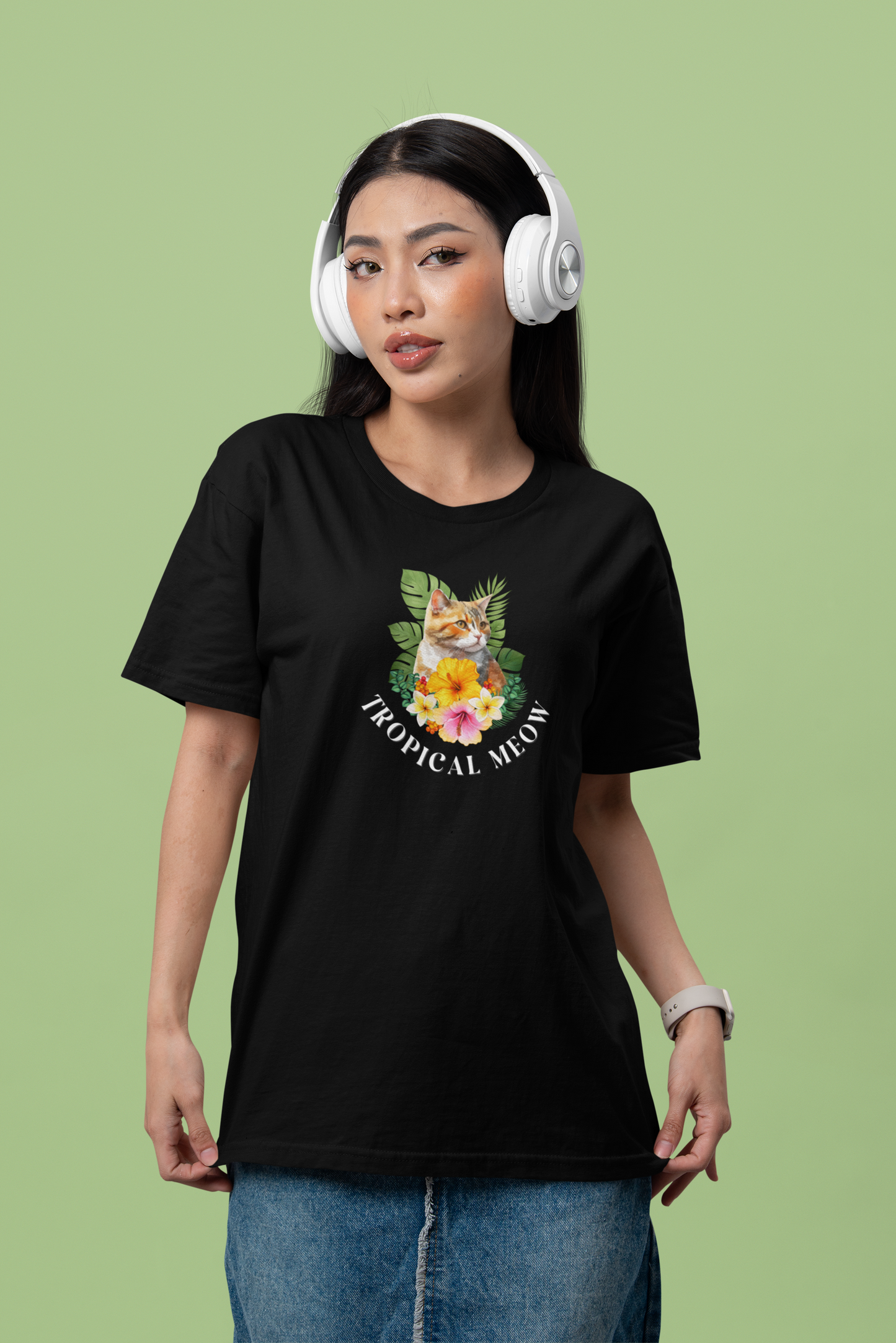 Tropical Meow T-Shirt — Tropical Style Cat Fan Graphic Tee (#3 No Background)