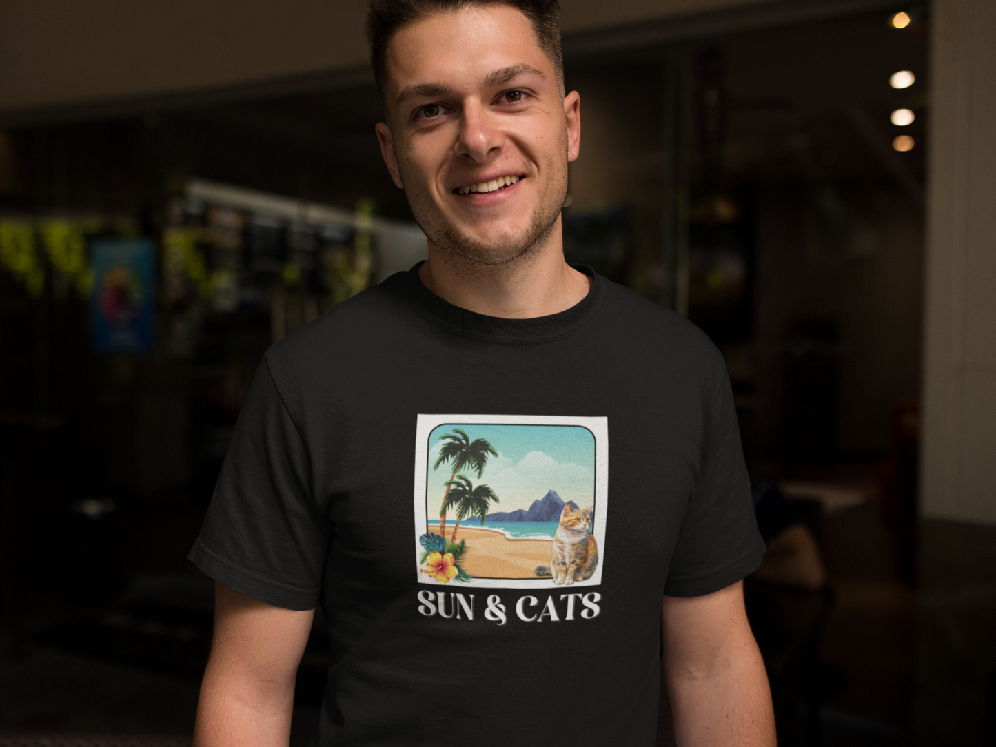 Sun & Cats Beach T-Shirt - (Retro Tropical Cat Graphic Tee for Cat Fans)