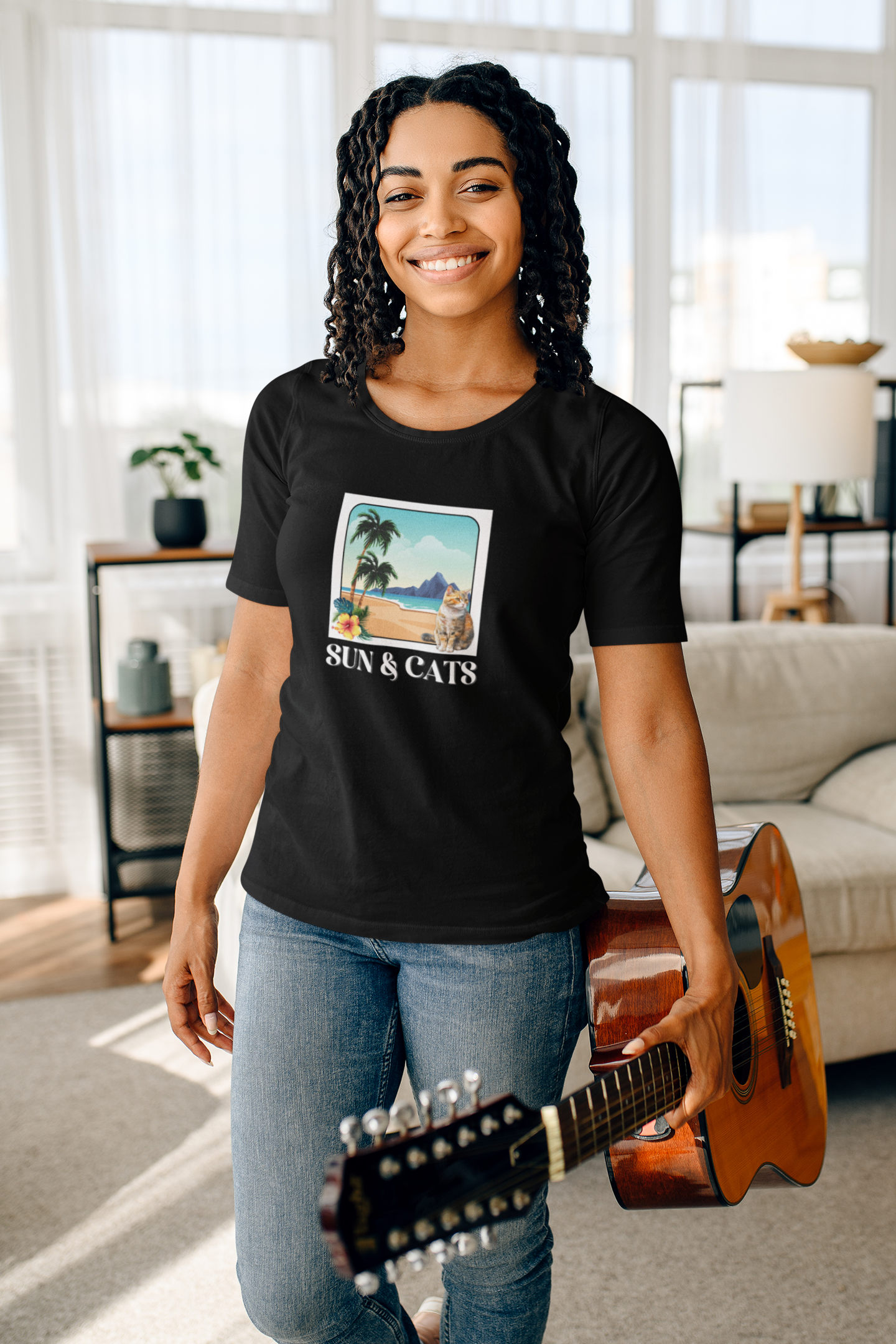 Sun & Cats Beach T-Shirt - (Retro Tropical Cat Graphic Tee for Cat Fans)
