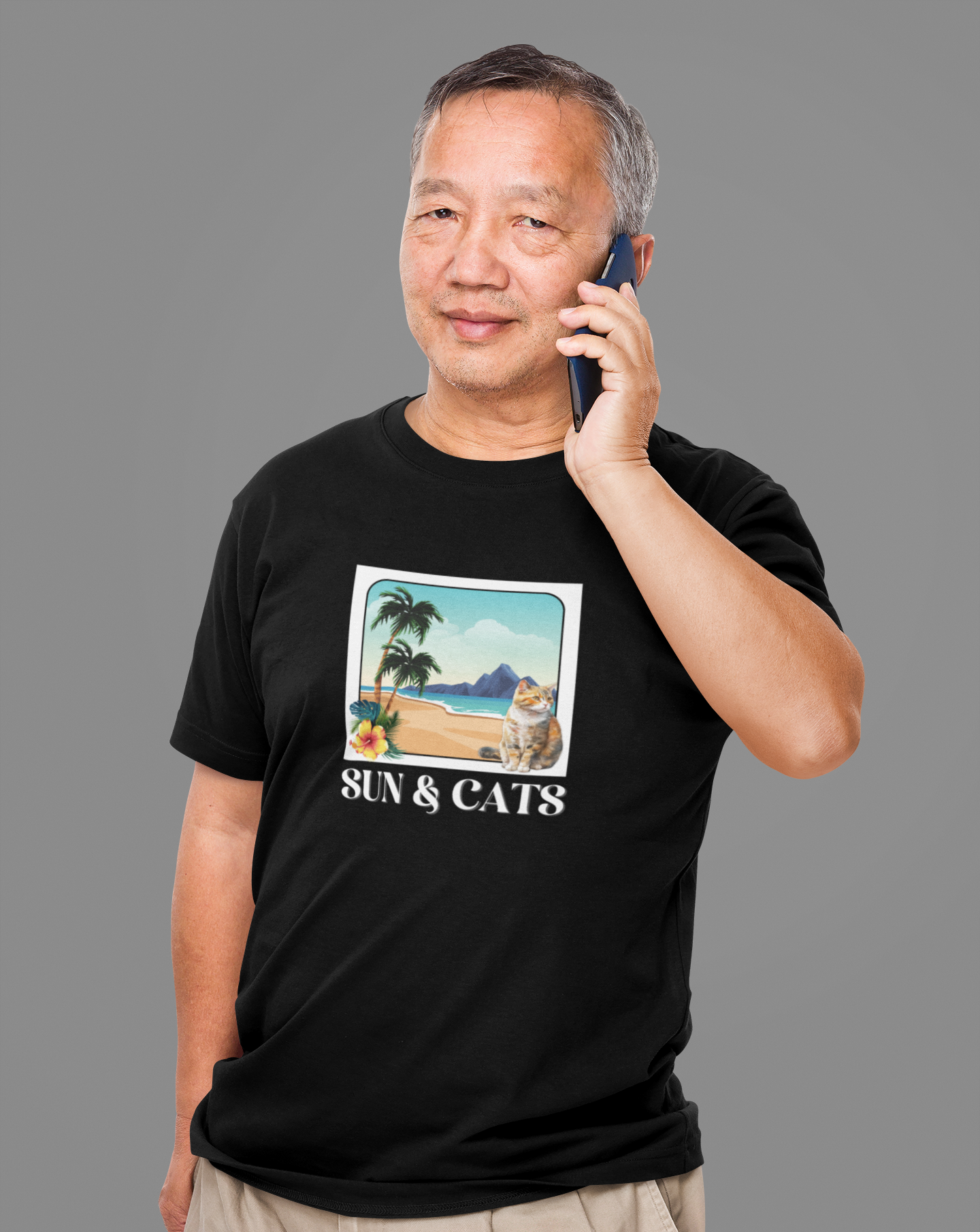 Sun & Cats Beach T-Shirt - (Retro Tropical Cat Graphic Tee for Cat Fans)