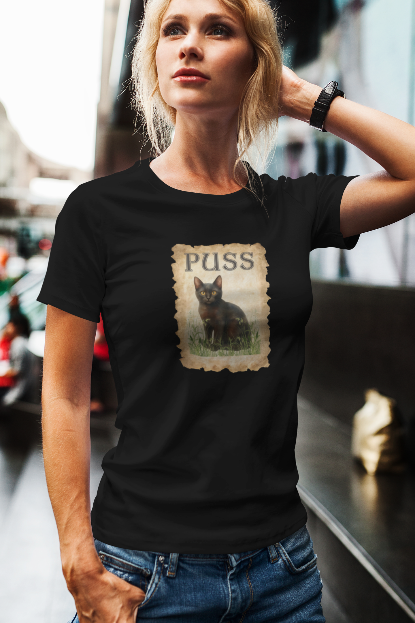 "Puss" Vintage Black Cat T-Shirt - (Pussycat Graphic Tee #2)