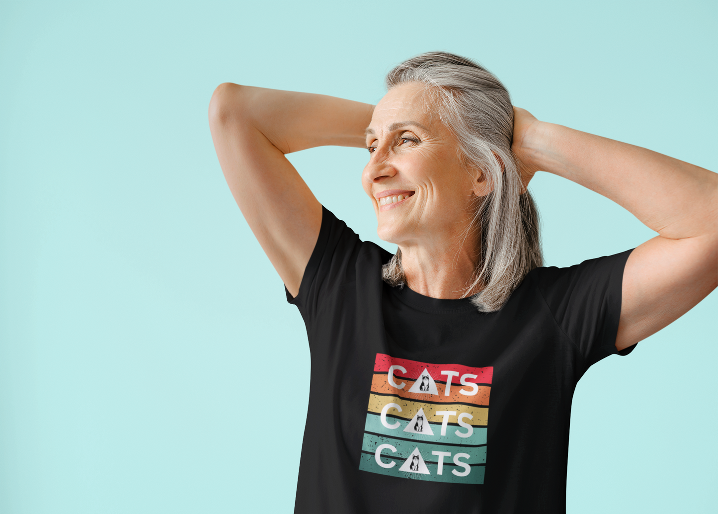 Vintage Sunset Cats T-Shirt - (Retro Cat Graphic Tee, "Triple Cat" Tee for Cat Lovers)